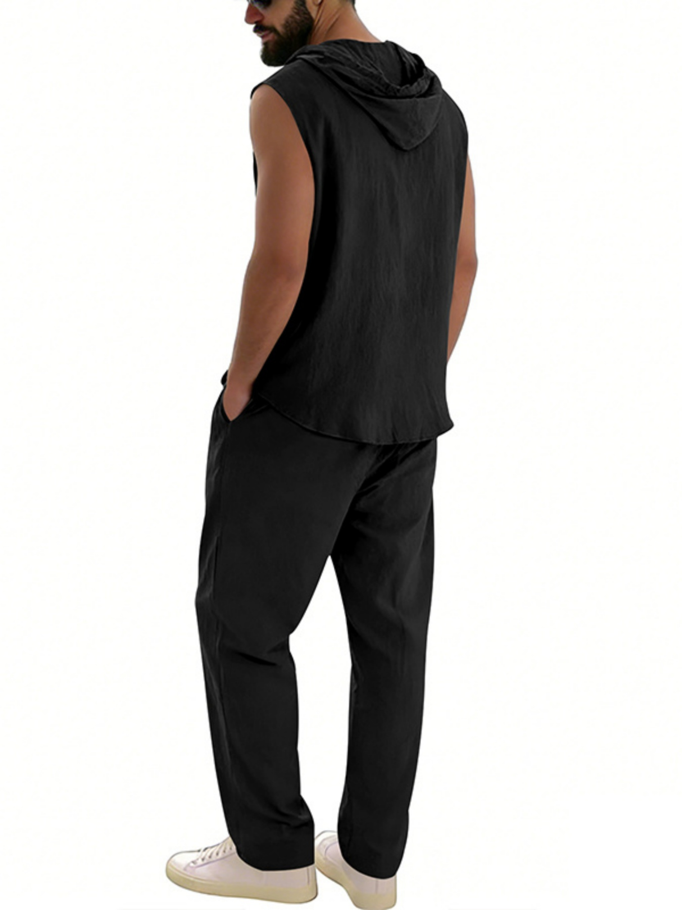 Men Black Linen Sleeveless Hoodie and Trousers Set