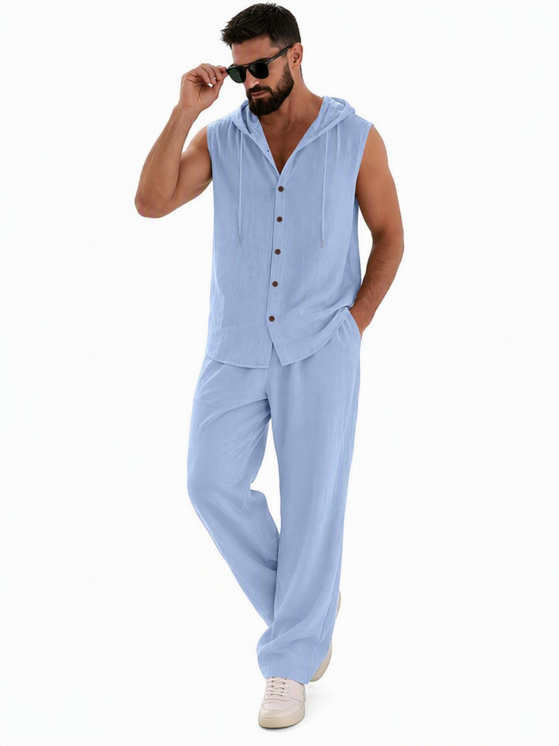 Men Light Blue Linen Hooded Sleeveless Shirt and Trousers Co-Ord Set