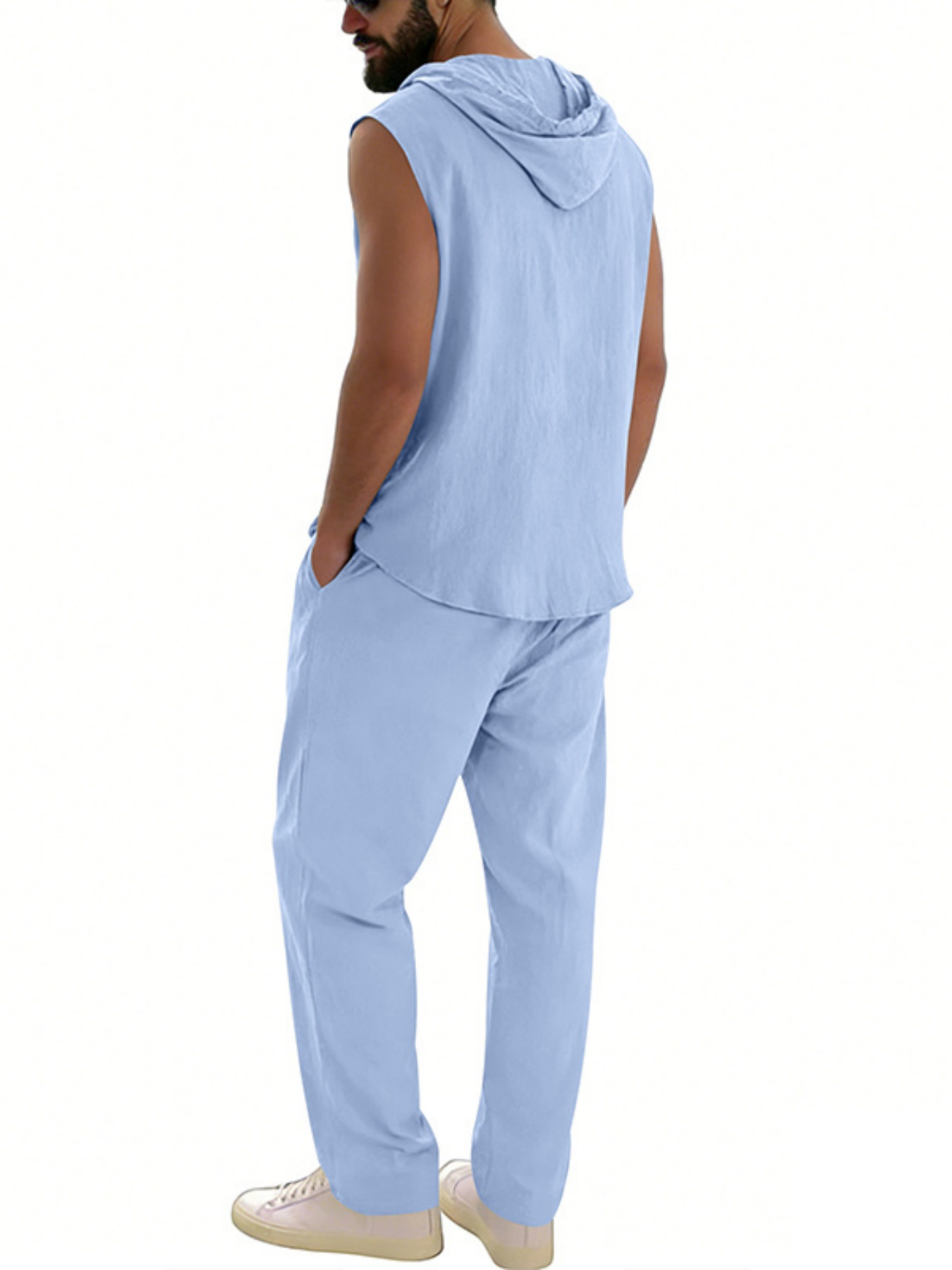 Men Light Blue Linen Hooded Sleeveless Shirt and Trousers Co-Ord Set
