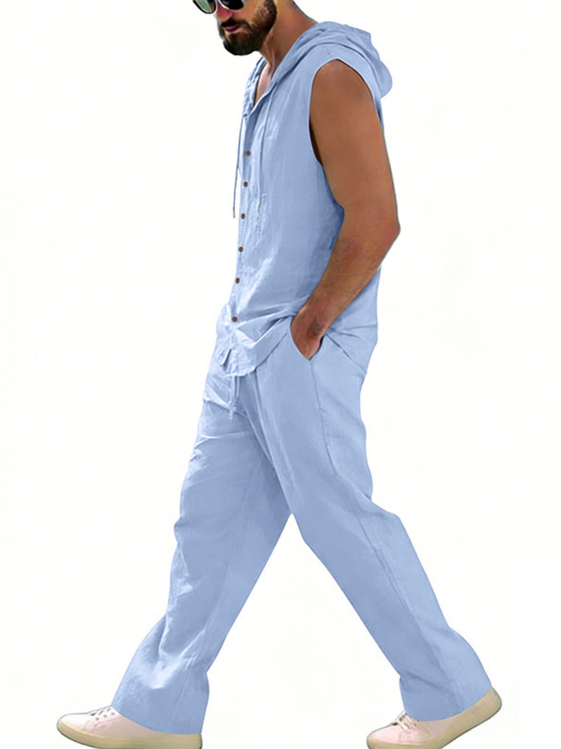 Men Light Blue Linen Hooded Sleeveless Shirt and Trousers Co-Ord Set