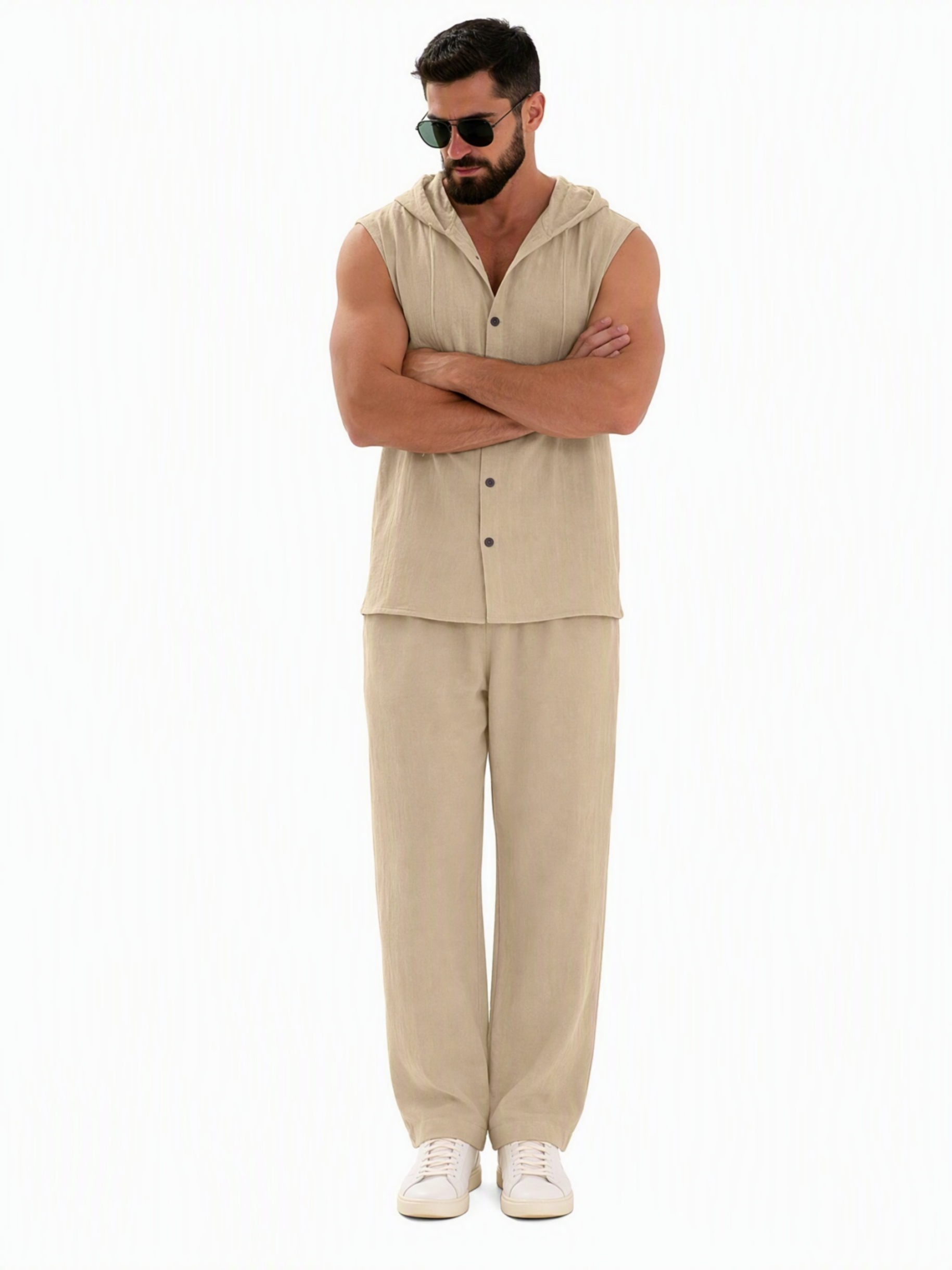 Men Beige Linen Sleeveless Hoodie and Trousers Set