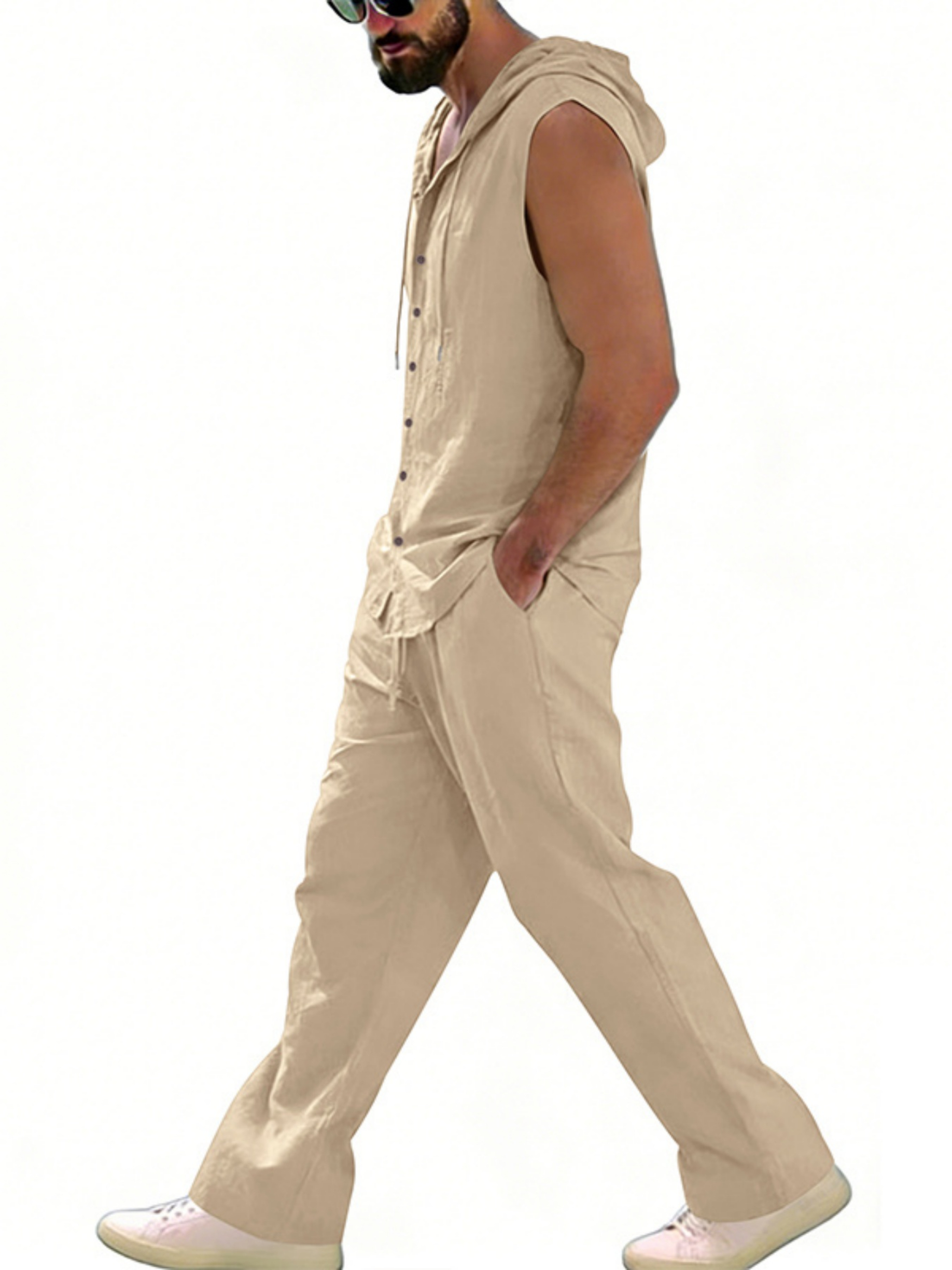 Men Beige Linen Sleeveless Hoodie and Trousers Set