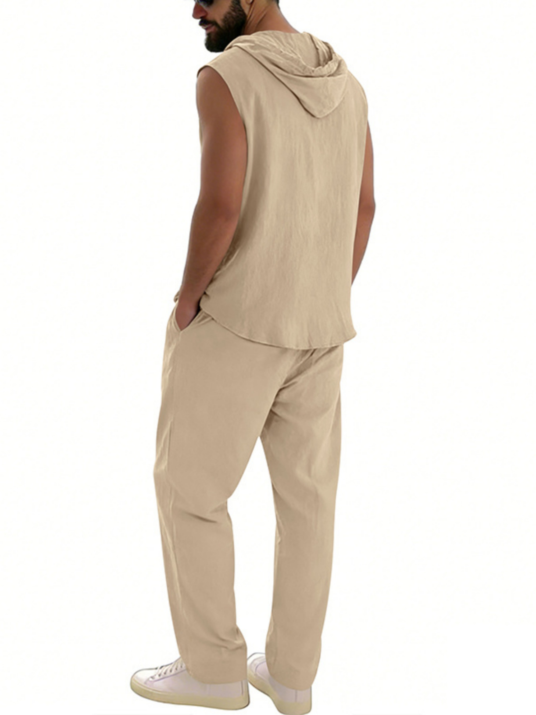 Men Beige Linen Sleeveless Hoodie and Trousers Set