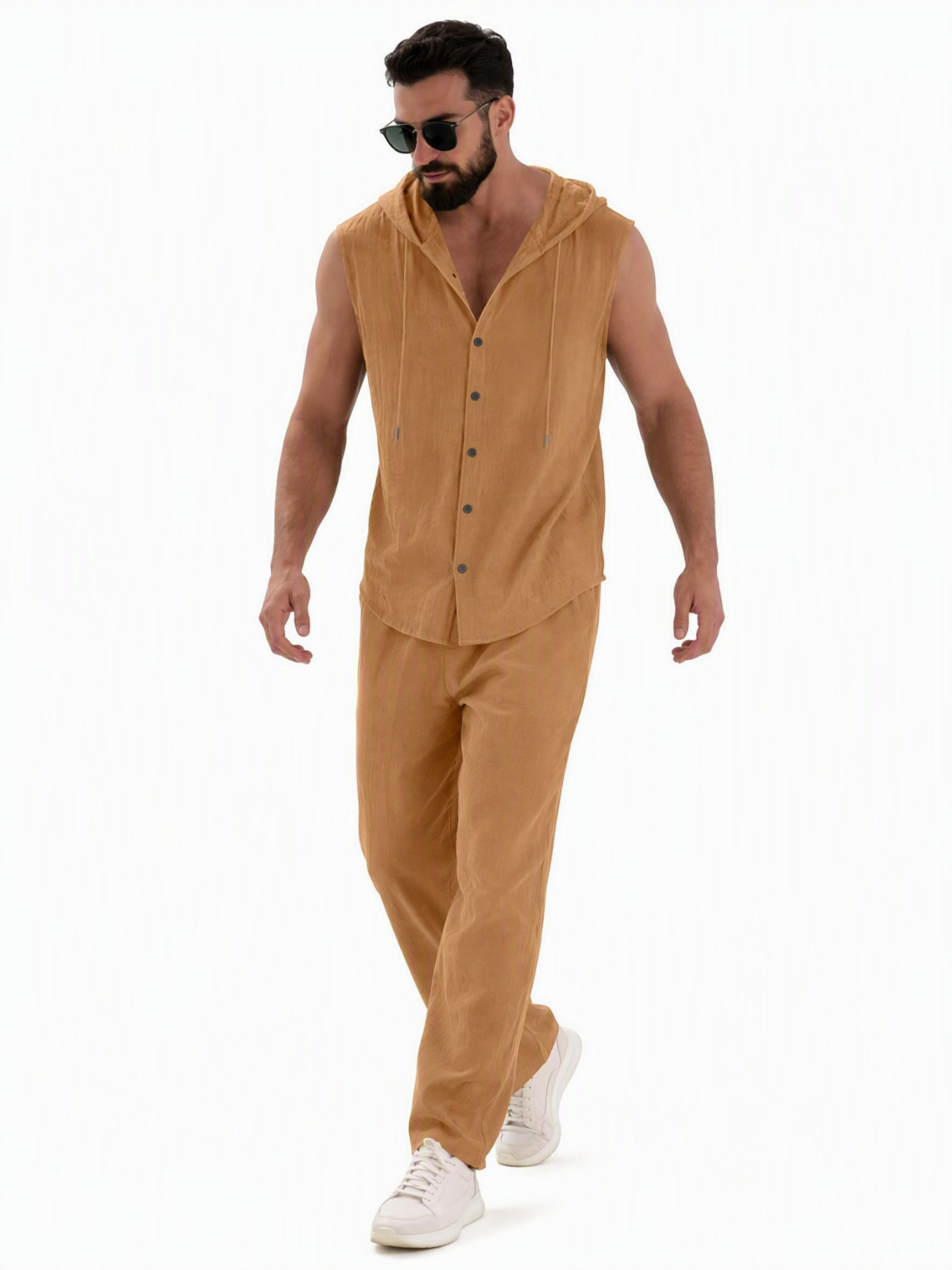 Men Brown Linen Sleeveless Hoodie and Trousers Set