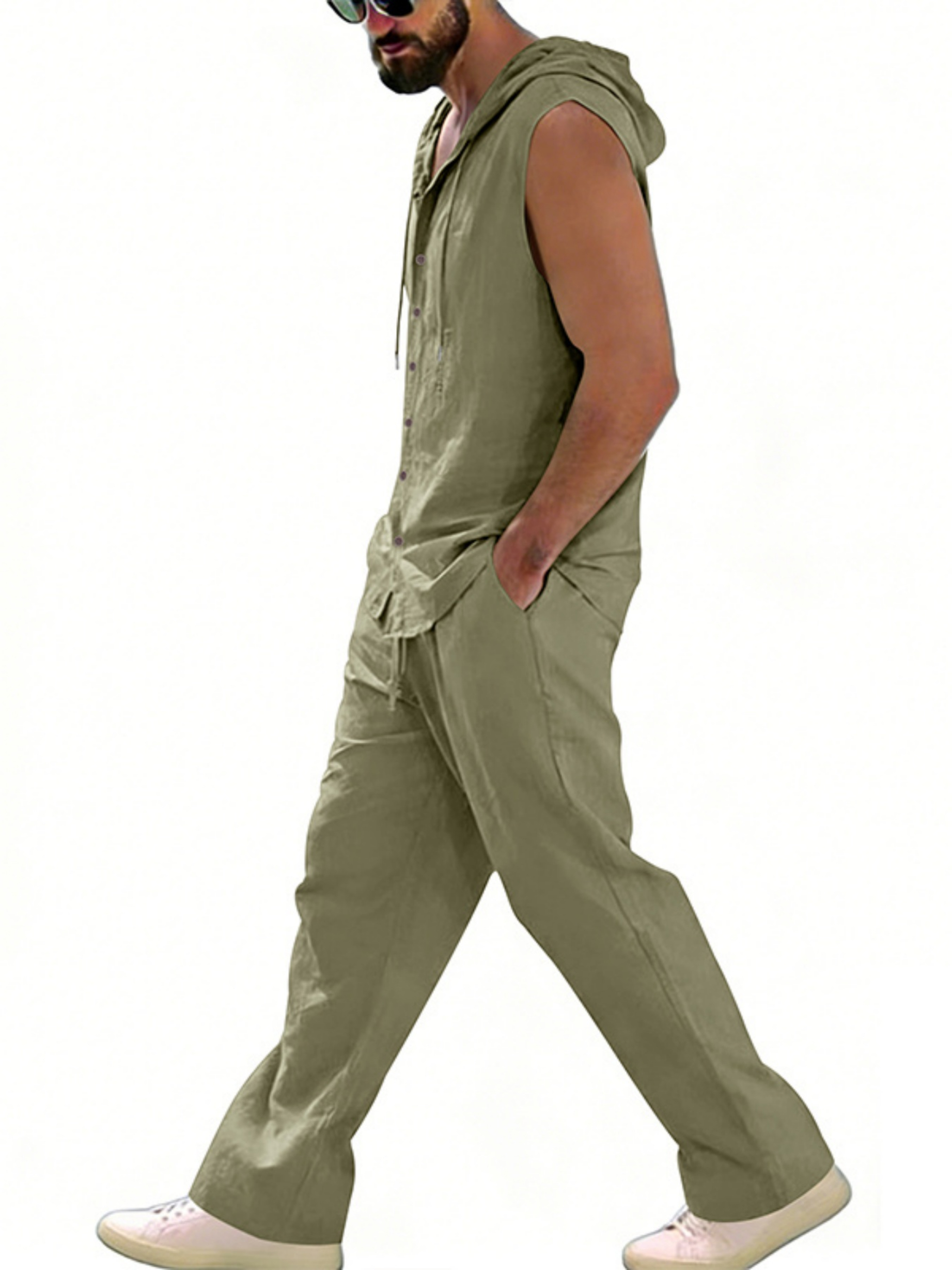 Men Green Linen Sleeveless Hoodie and Trousers Set