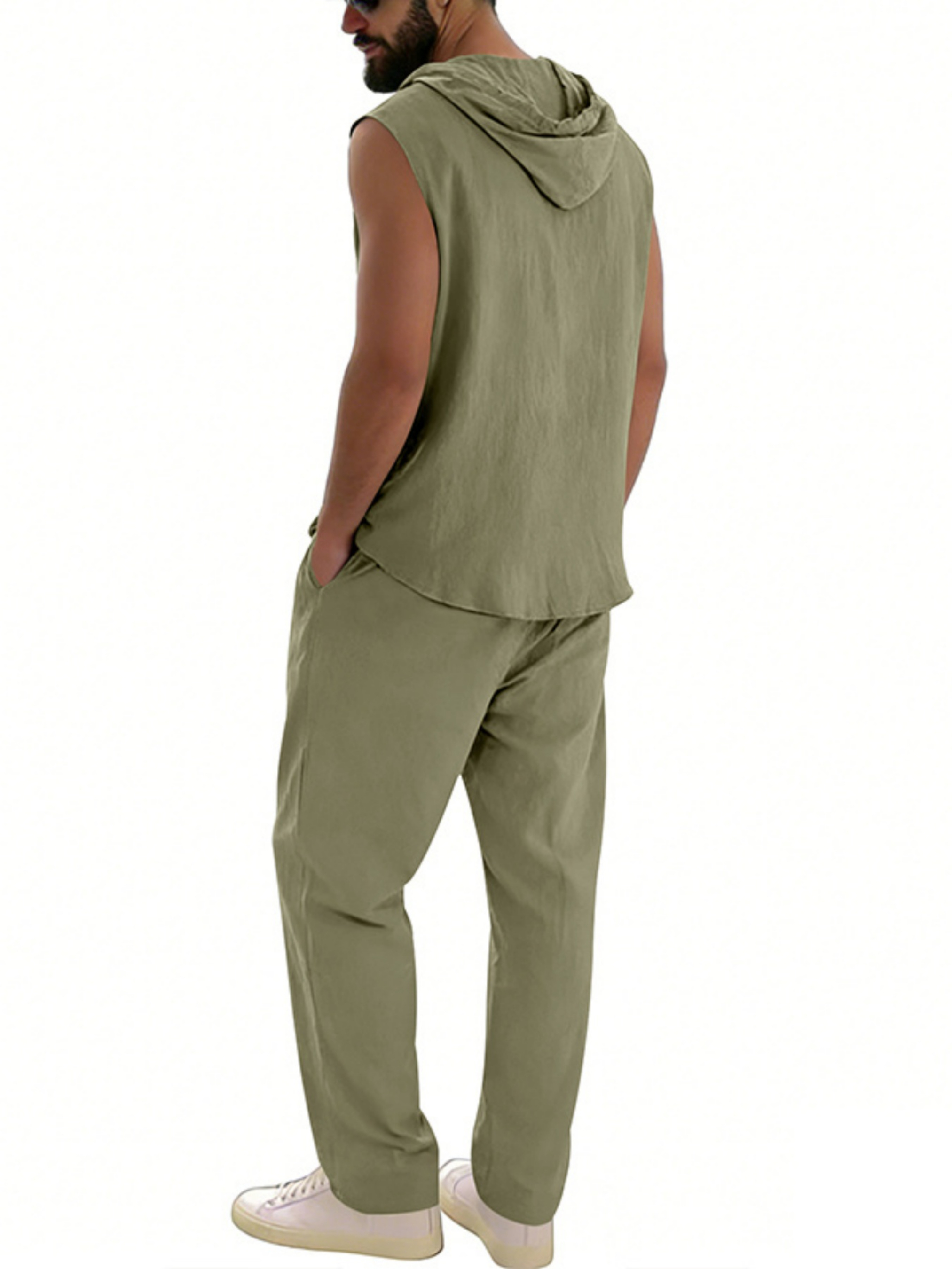 Men Green Linen Sleeveless Hoodie and Trousers Set