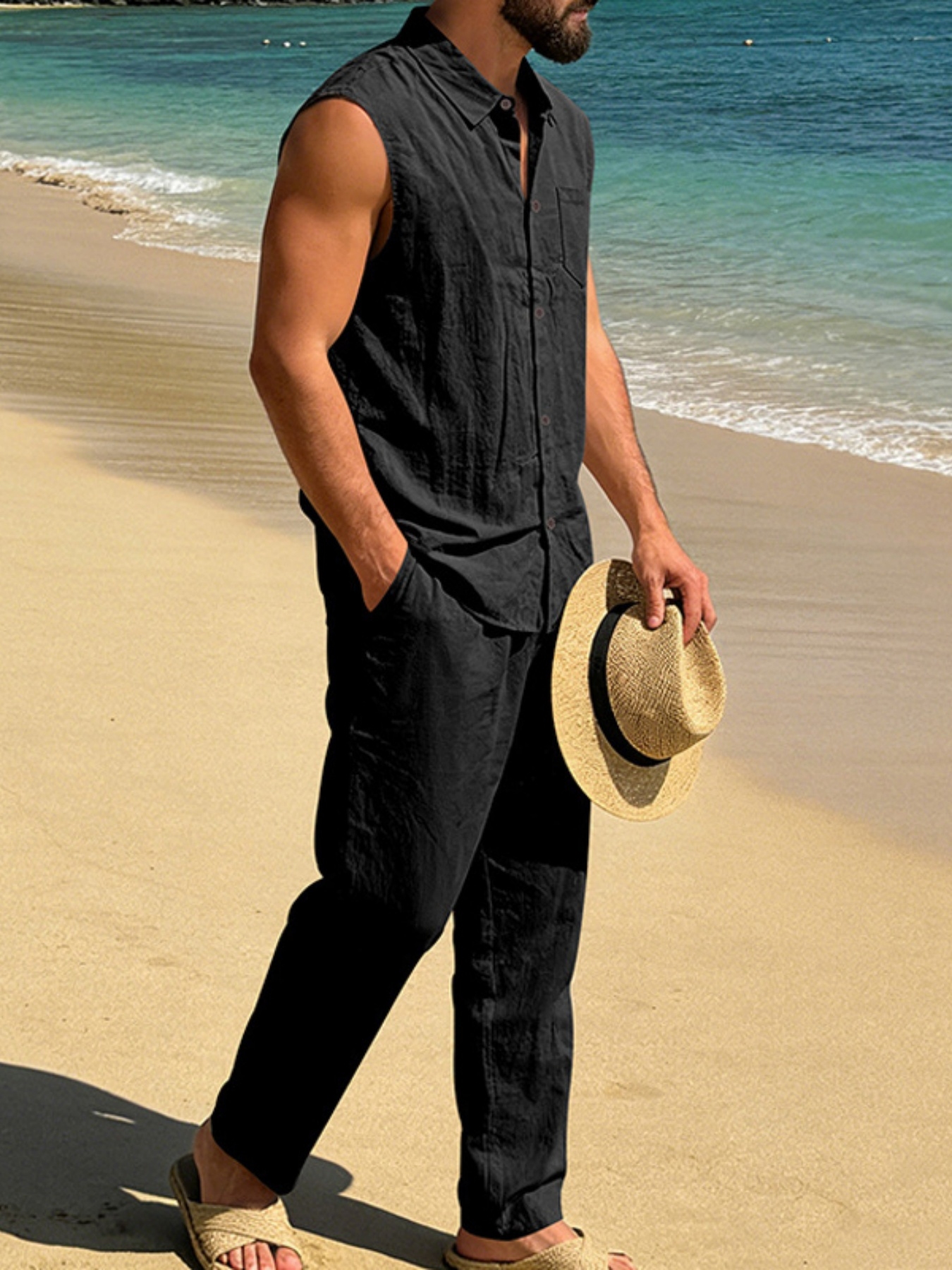 Men Black Linen Sleeveless Shirt and Trousers Set