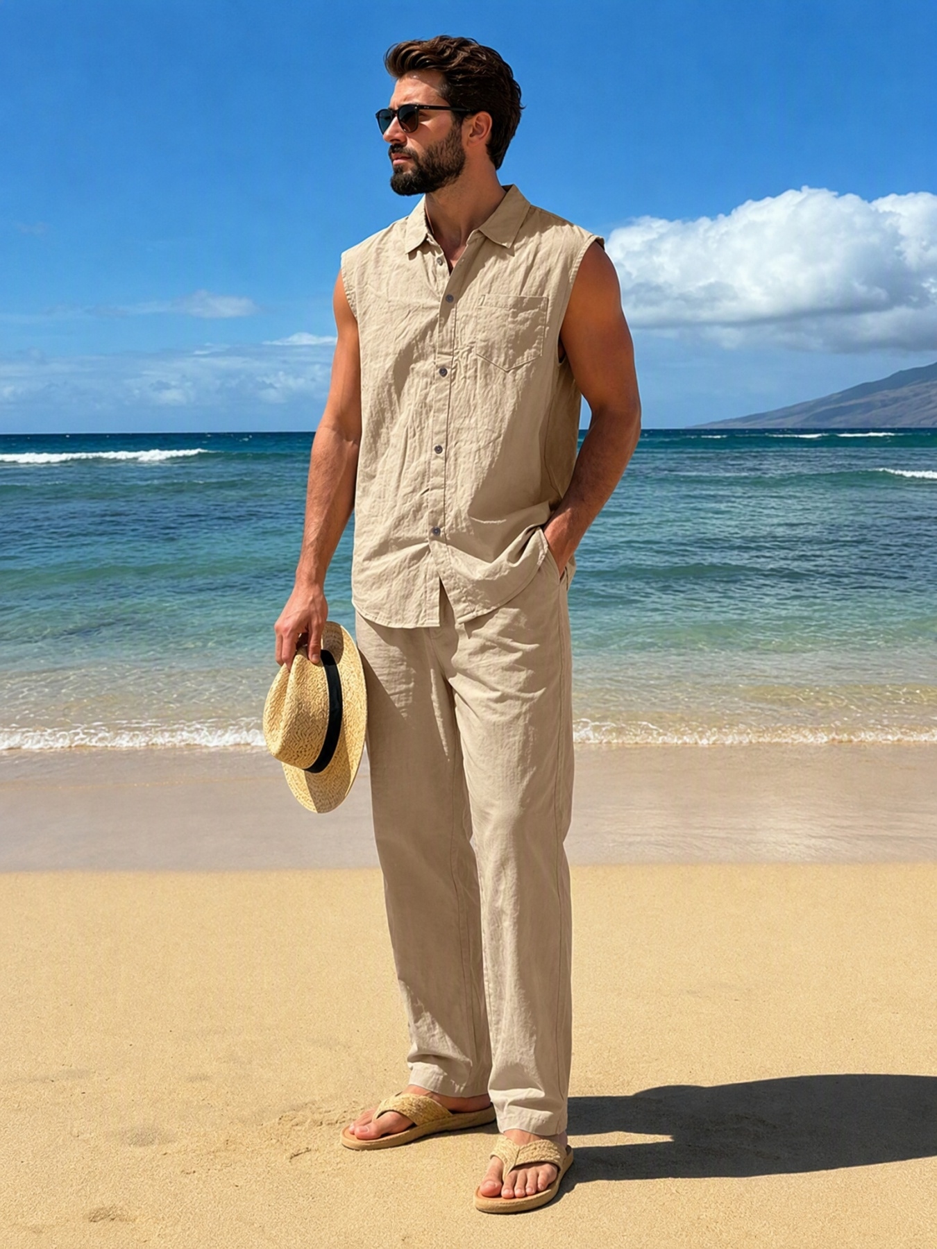 Men Beige Linen Sleeveless Shirt and Trousers