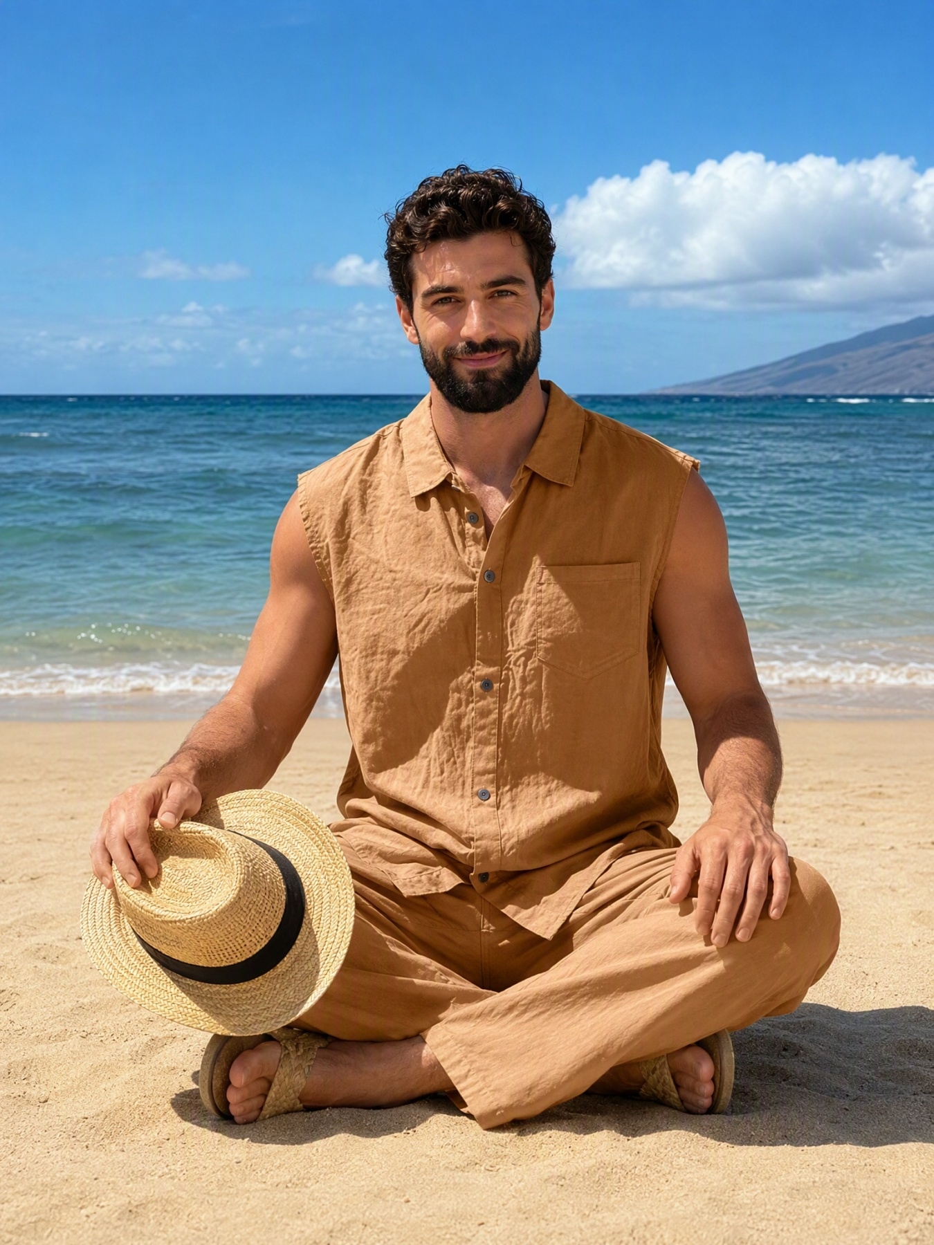 Men Brown Linen Sleeveless Shirt and Trousers Set