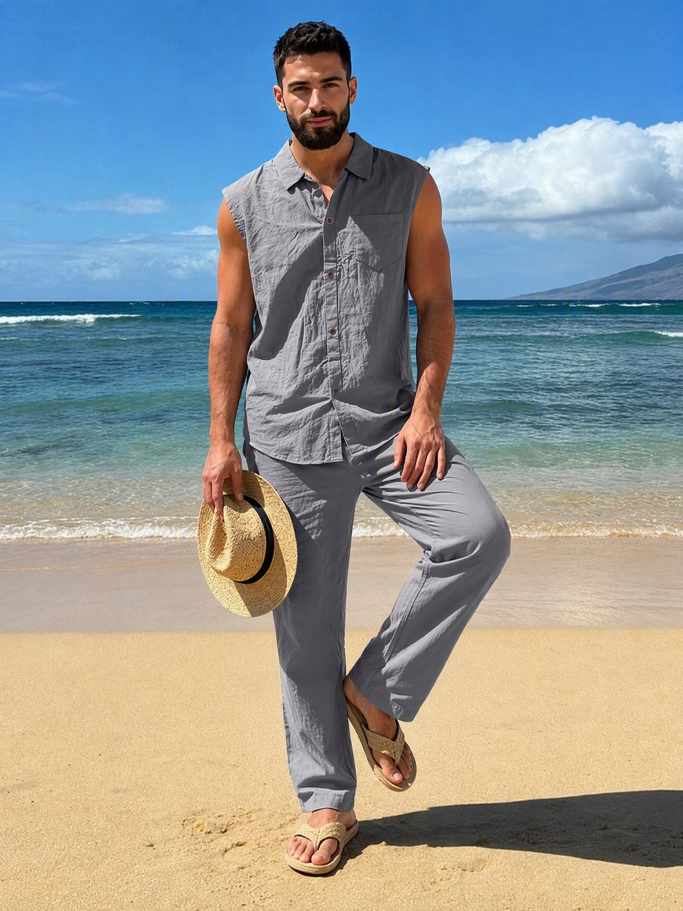Men Grey Linen Sleeveless Shirt and Trousers Set