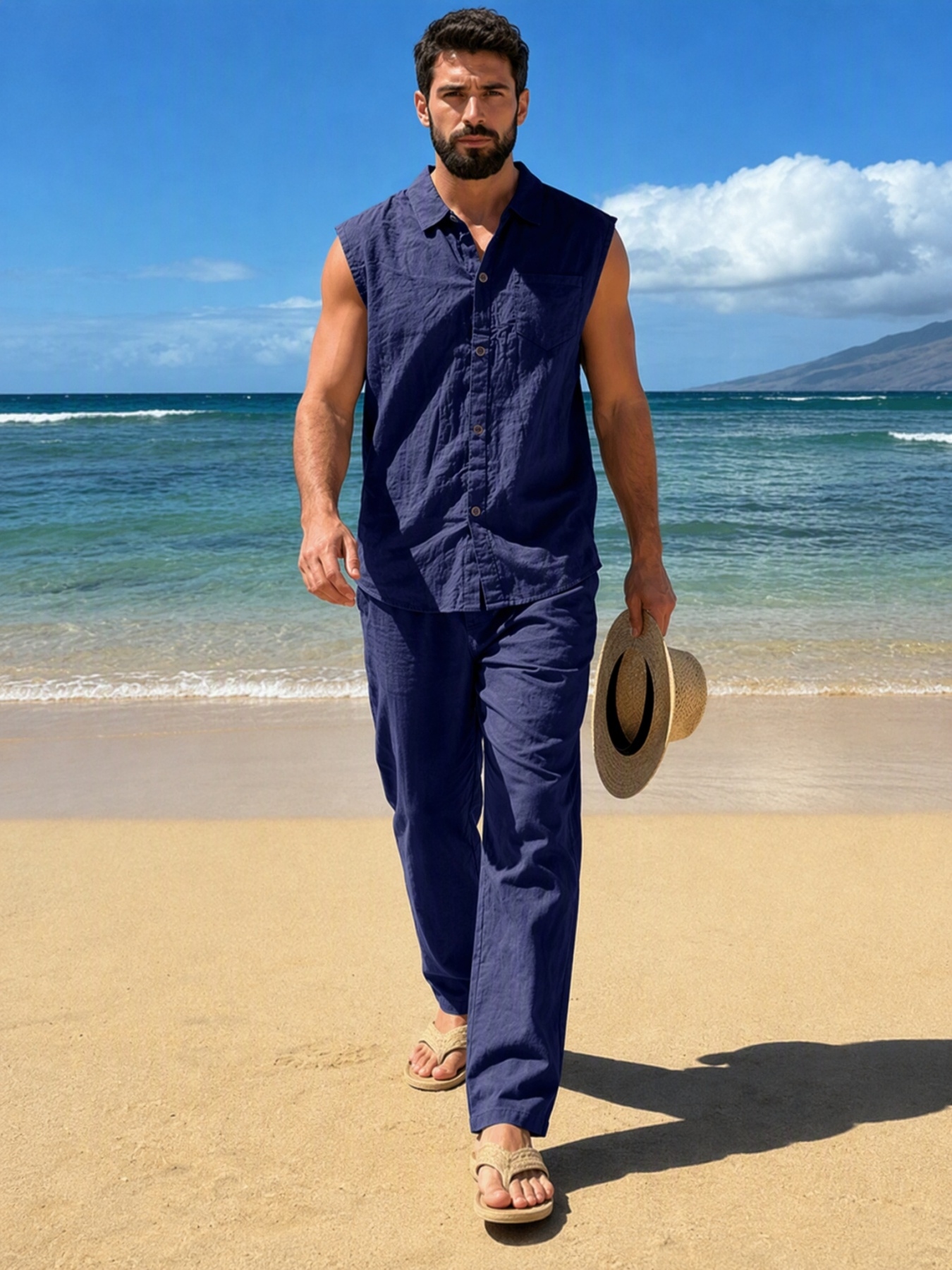 Men Navy Blue Linen Sleeveless Shirt and Trousers Co-Ord Set
