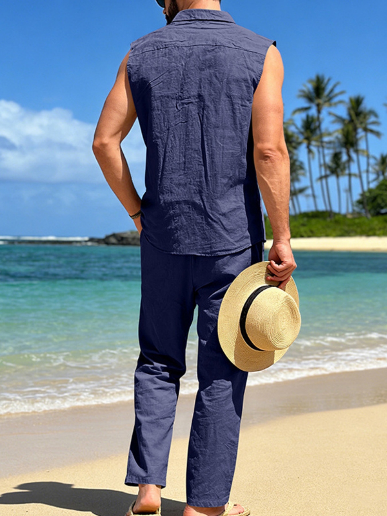 Men Navy Blue Linen Sleeveless Shirt and Trousers Co-Ord Set