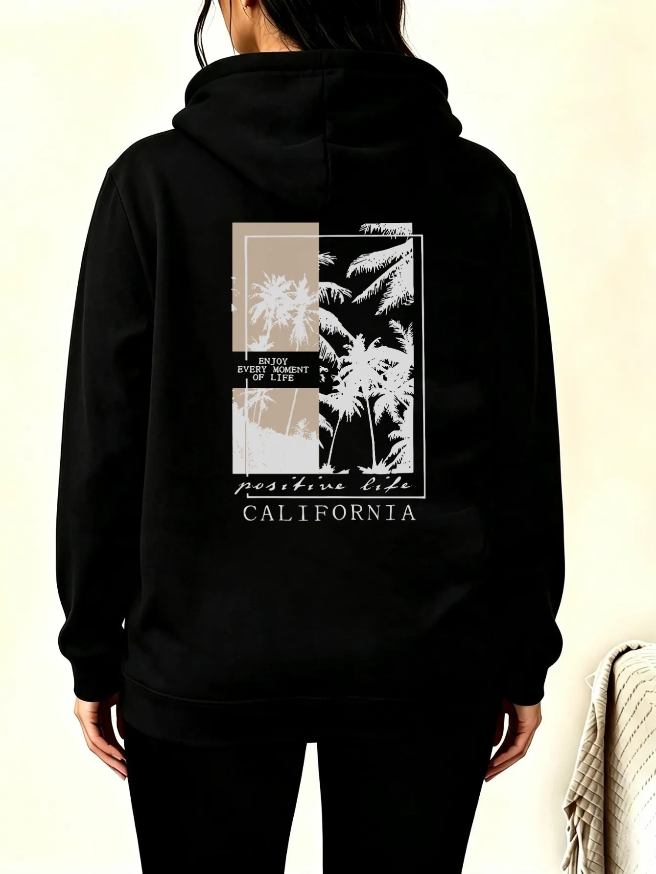 Womens Black Regular Fit Hoodie with Graphic Print