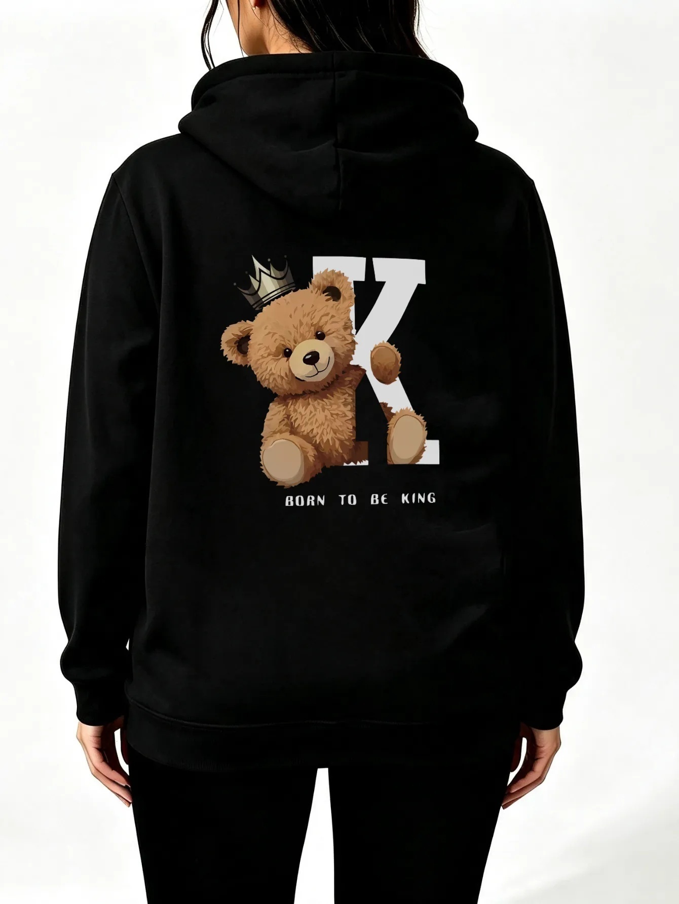 Women Black Born to Be King Teddy Bear Graphic Hoodie