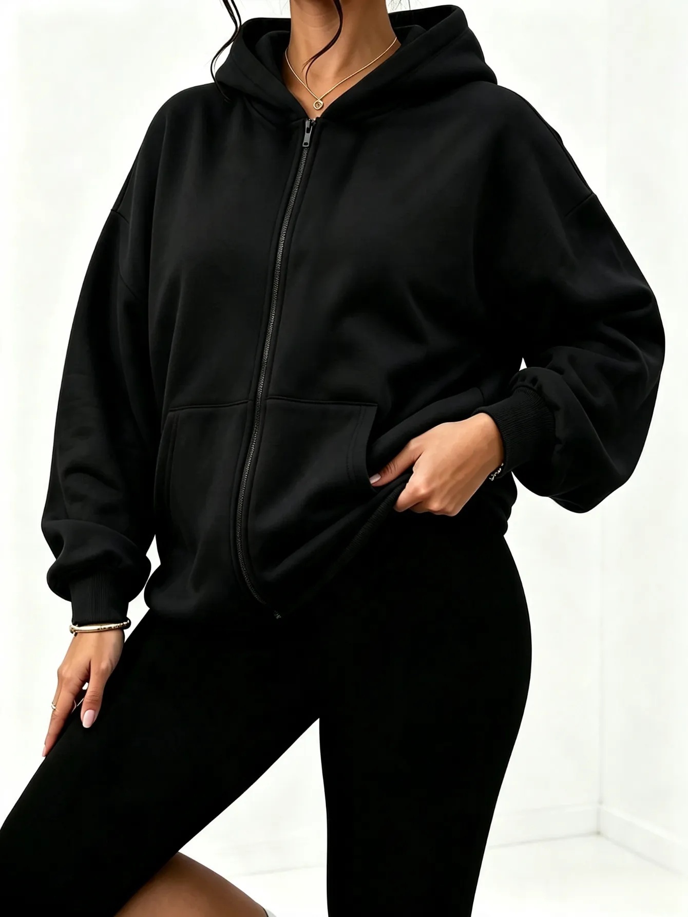 Women Black Solid Full-Zip Hoodie