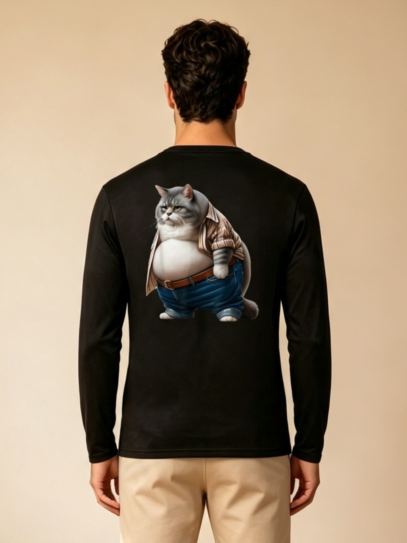 Men Black Long Sleeve T-Shirt with Cat Print