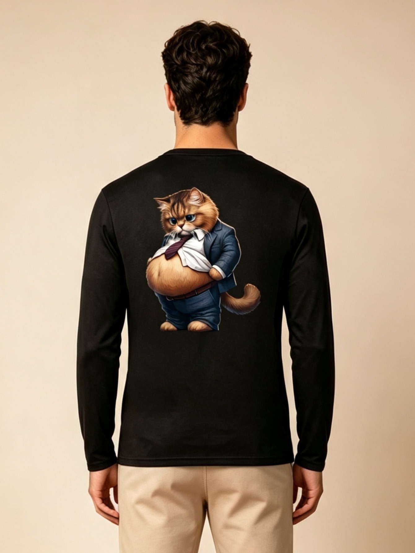 Men Black Cat Print Long Sleeve Casual T-Shirt