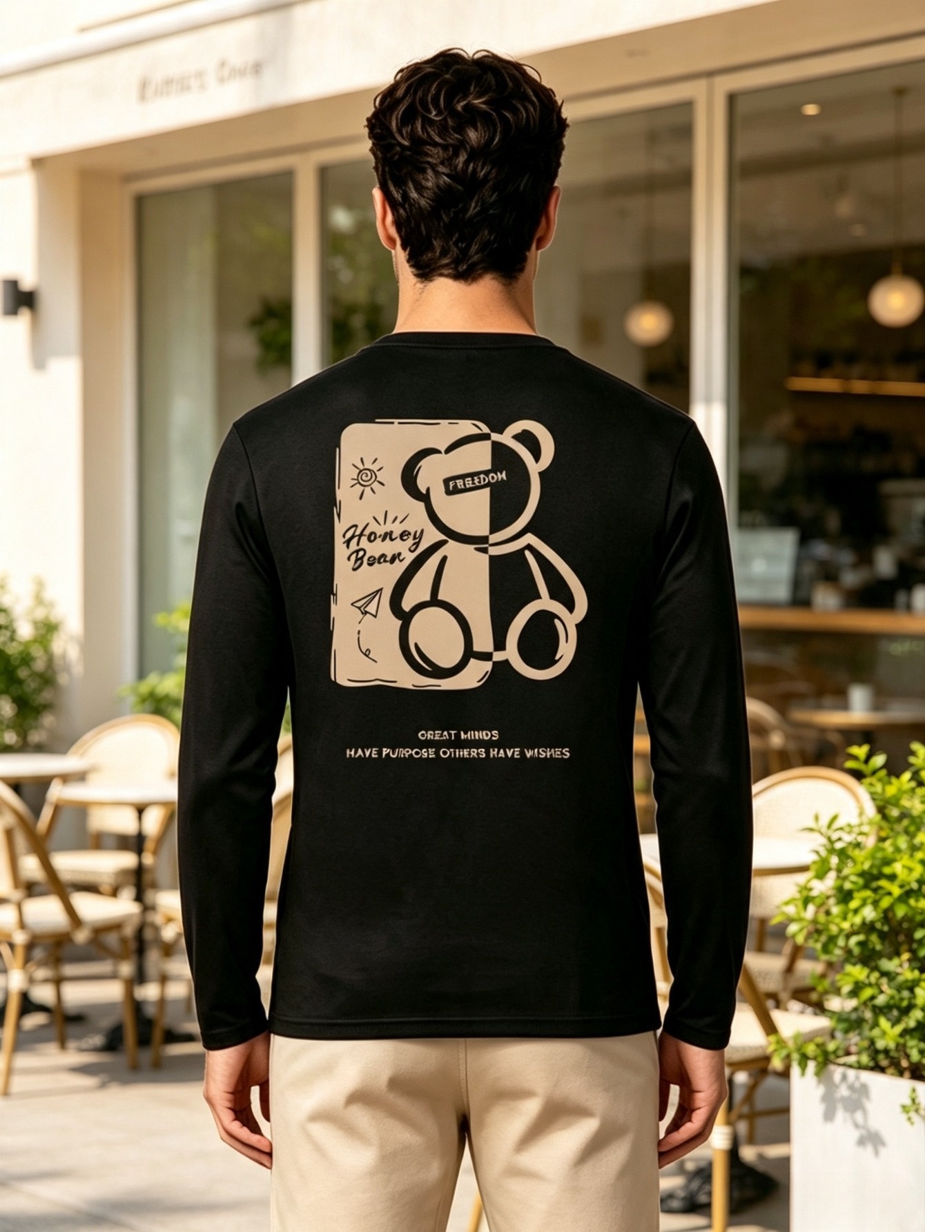 Men Black Honey Bear Print Long-Sleeve T-Shirt