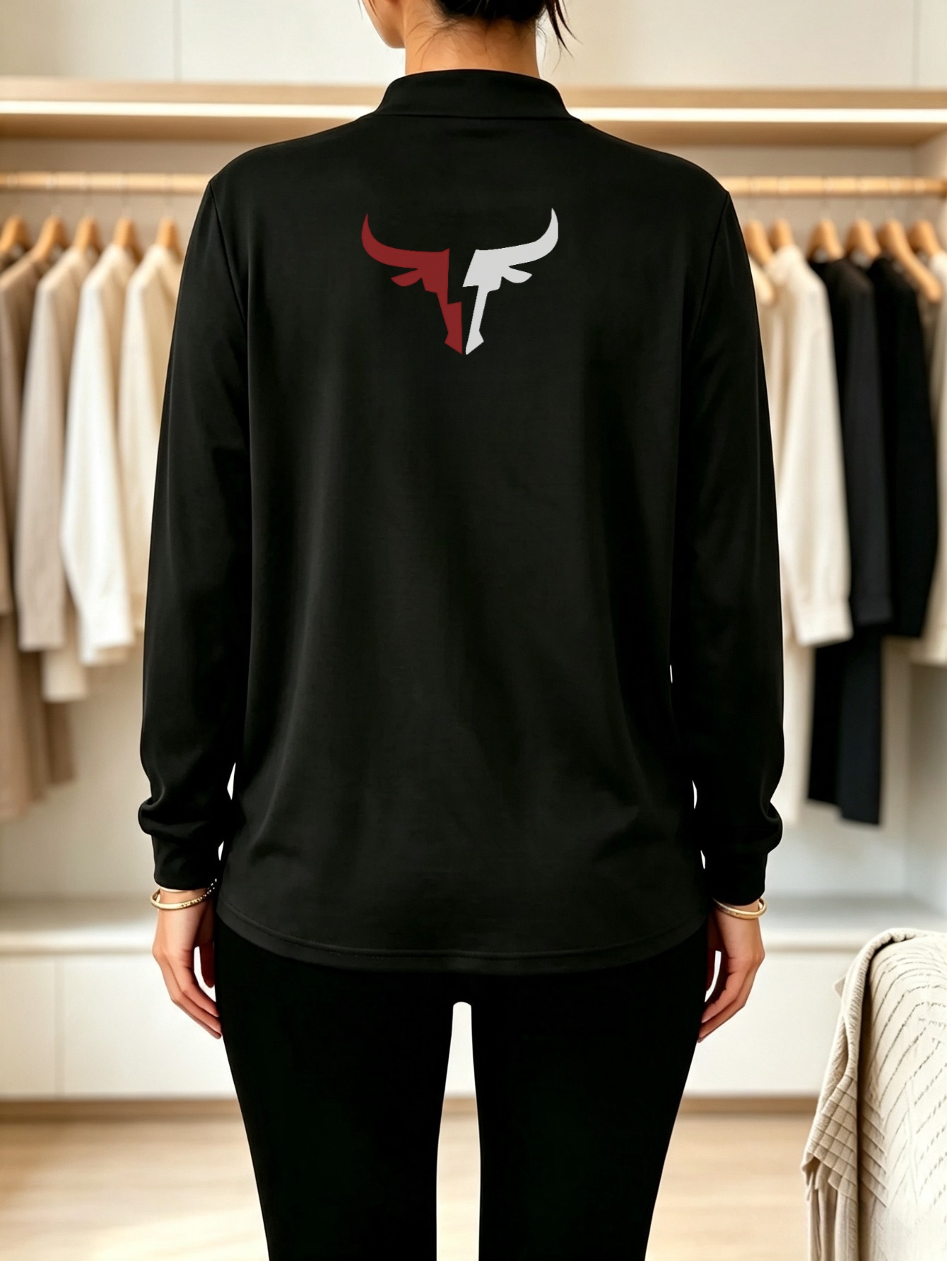 Womens Black Long-Sleeve Polo Top