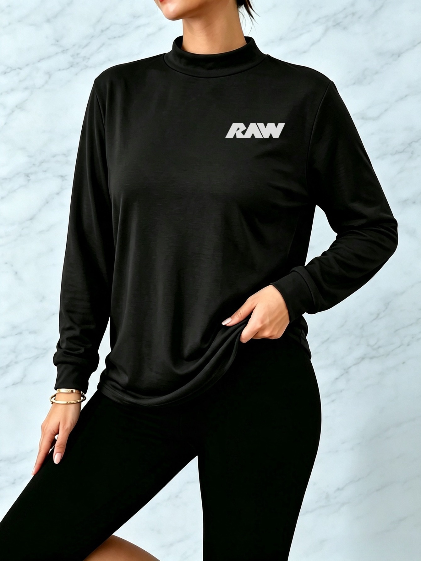 Black Graphic Print Long Sleeve High Neck Top