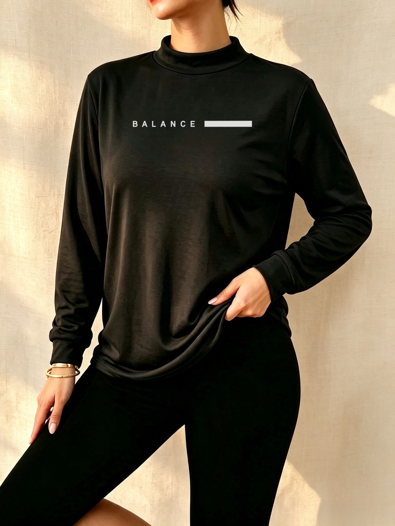 Black Graphic Print Long Sleeve High Neck Top