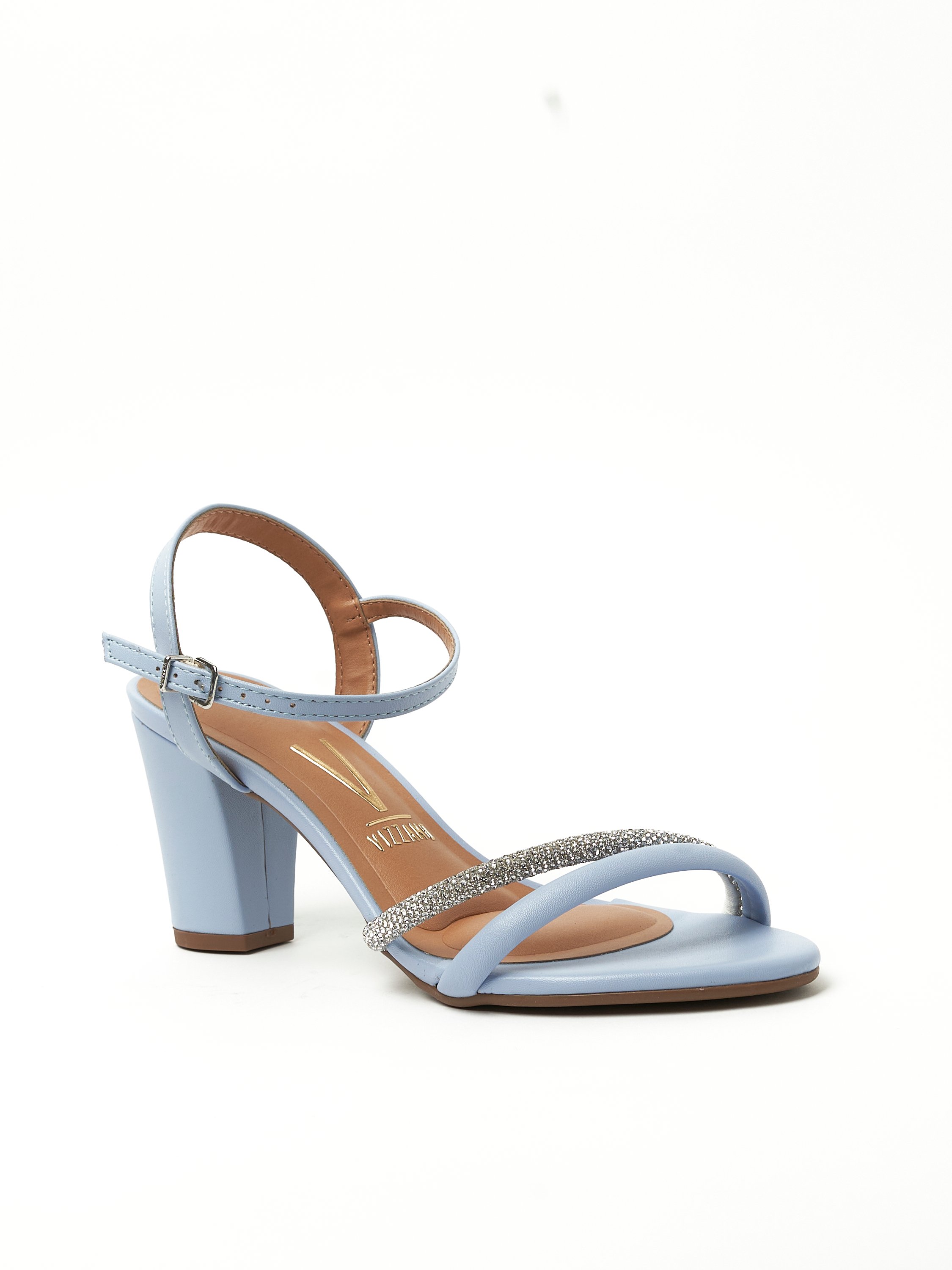 Blue Mid-Heel Sandals with Sparkle Straps