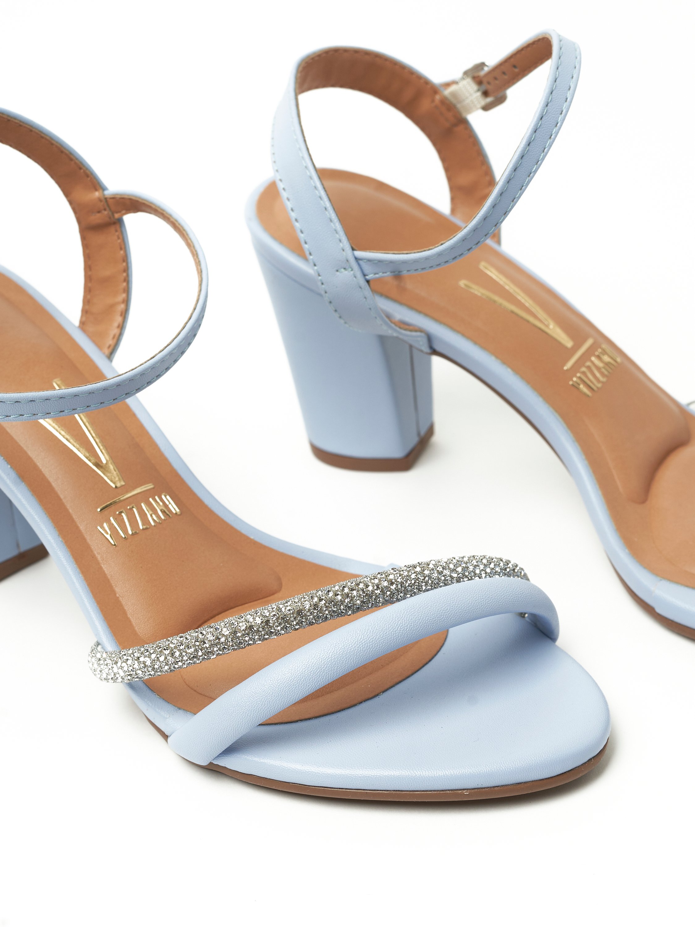 Blue Mid-Heel Sandals with Sparkle Straps