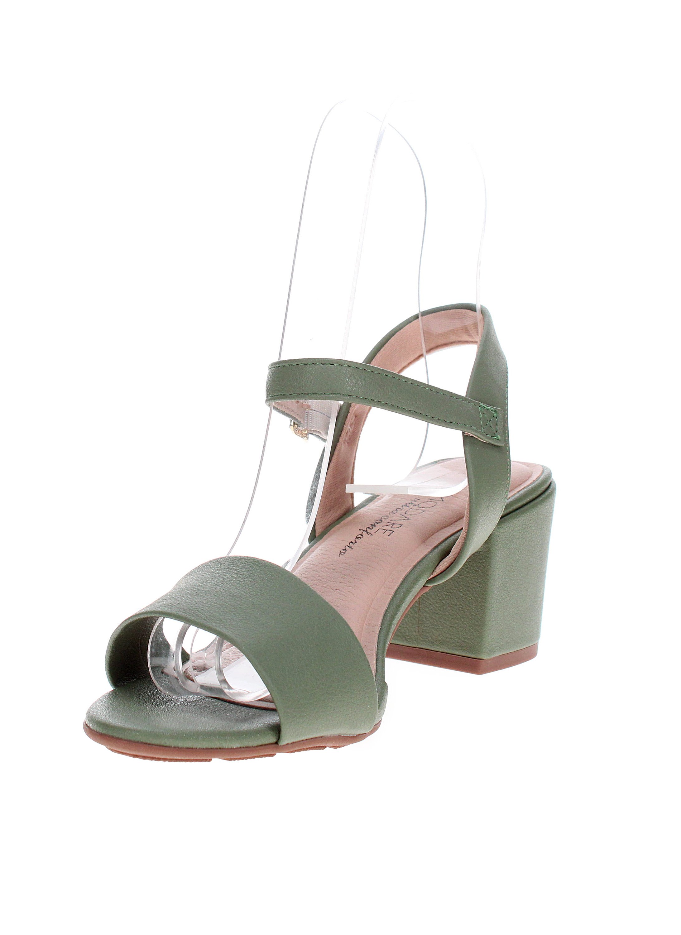 Green Mid Heel Sandals - Buckle Ankle Strap Design