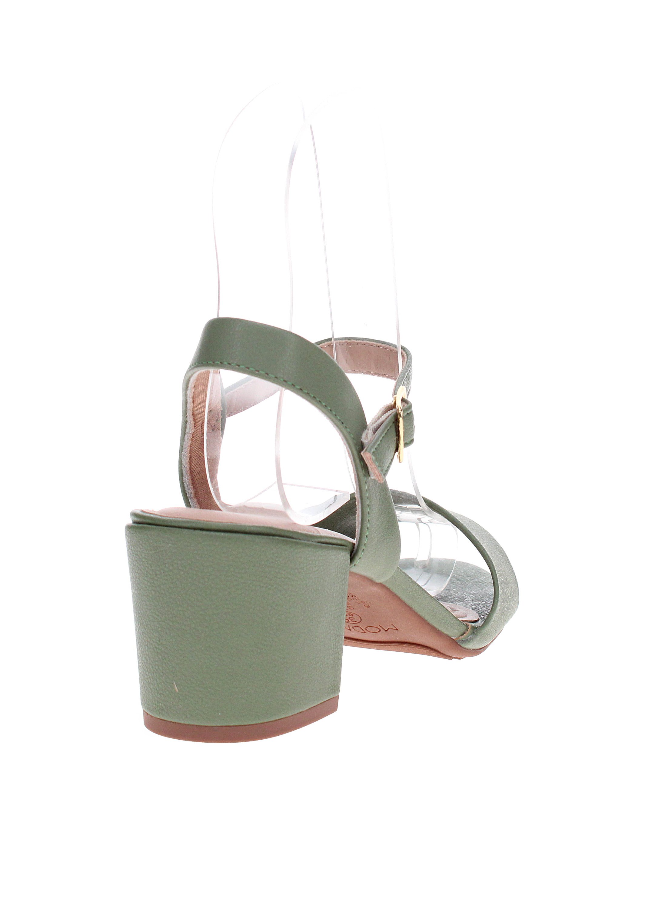 Green Mid Heel Sandals - Buckle Ankle Strap Design
