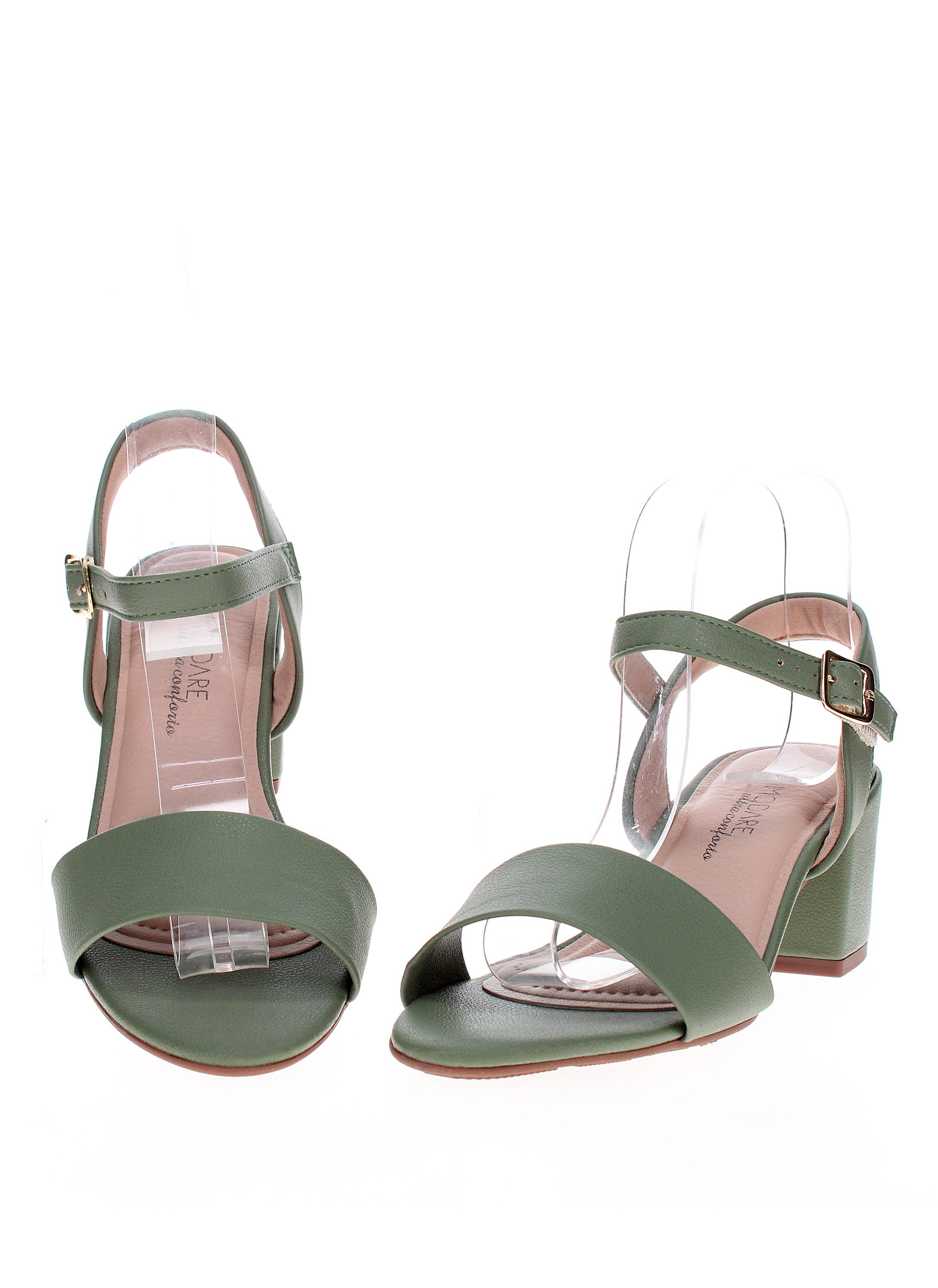 Green Mid Heel Sandals - Buckle Ankle Strap Design