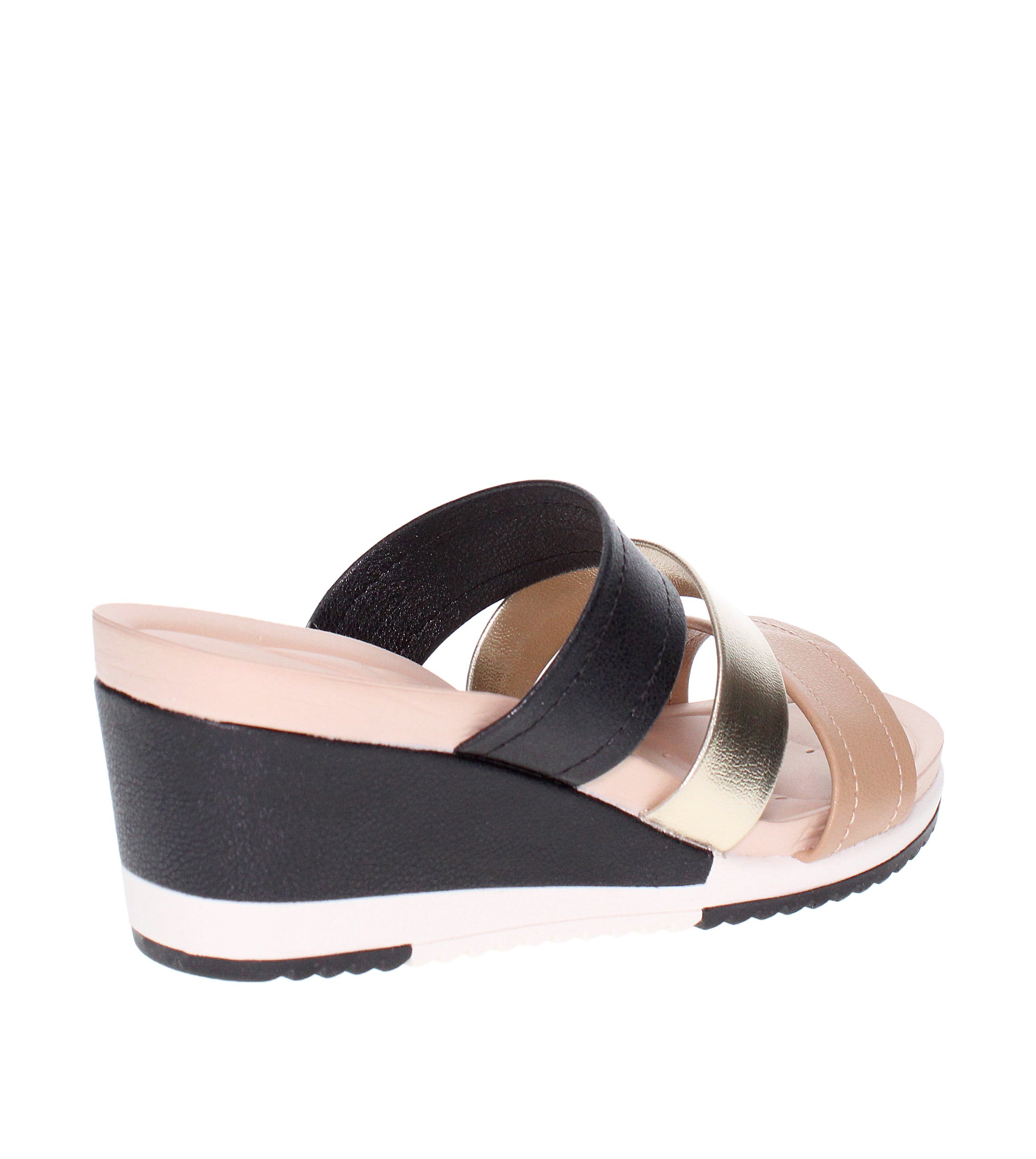 Black Multi-Strap Wedge Slip-On Sandals