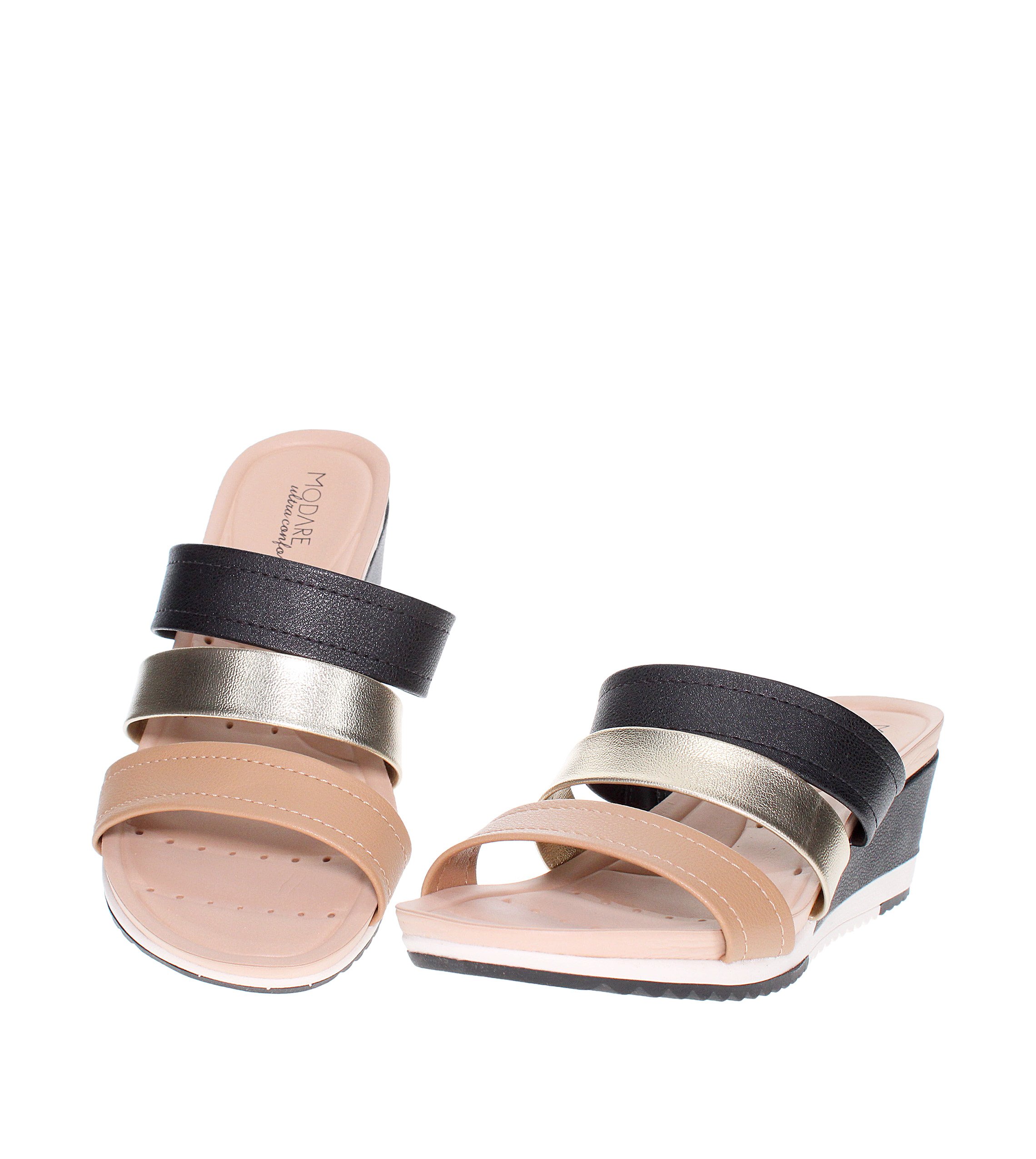 Black Multi-Strap Wedge Slip-On Sandals