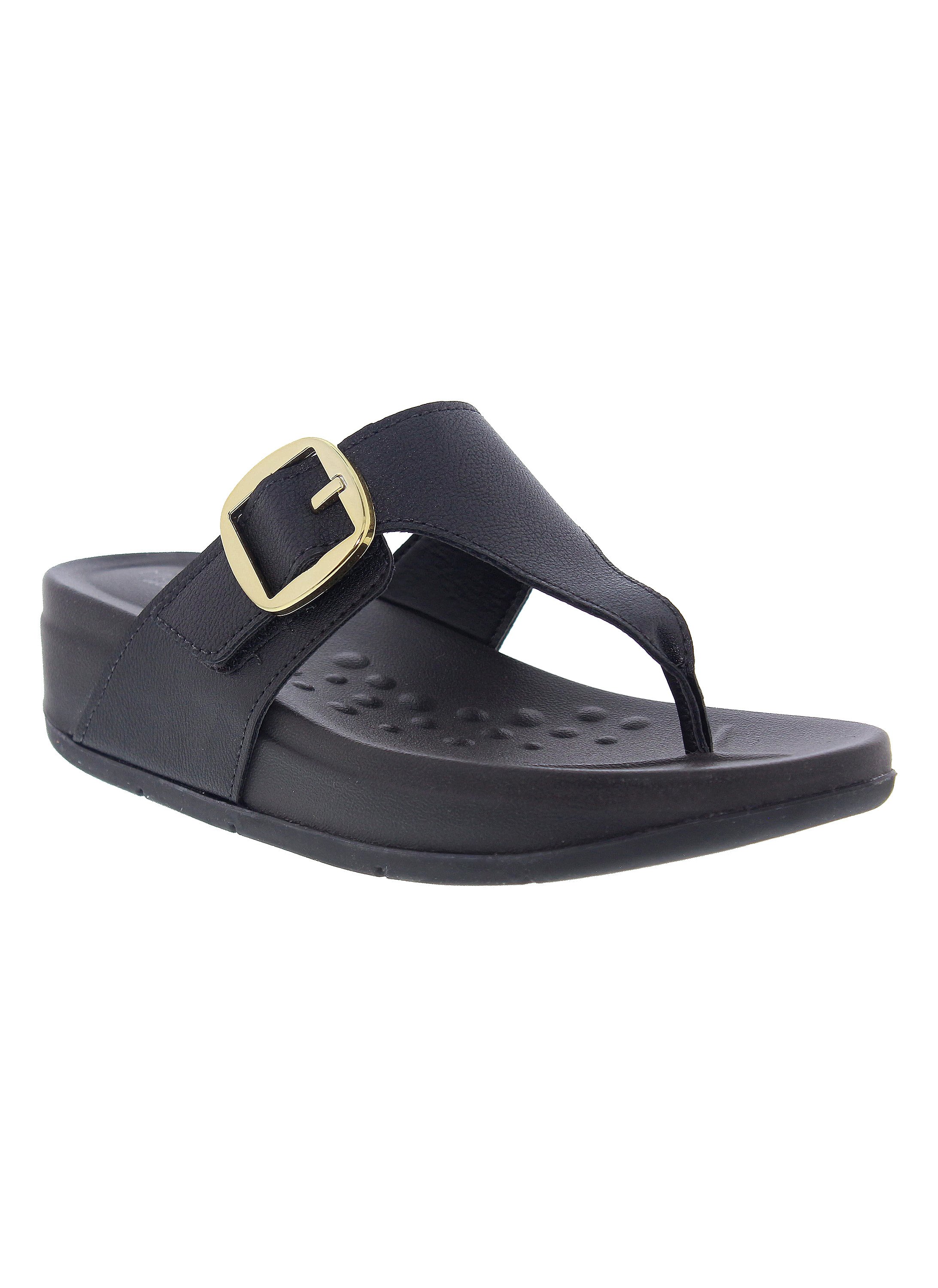Black Flat Comfort Sandals with Gold Buckle