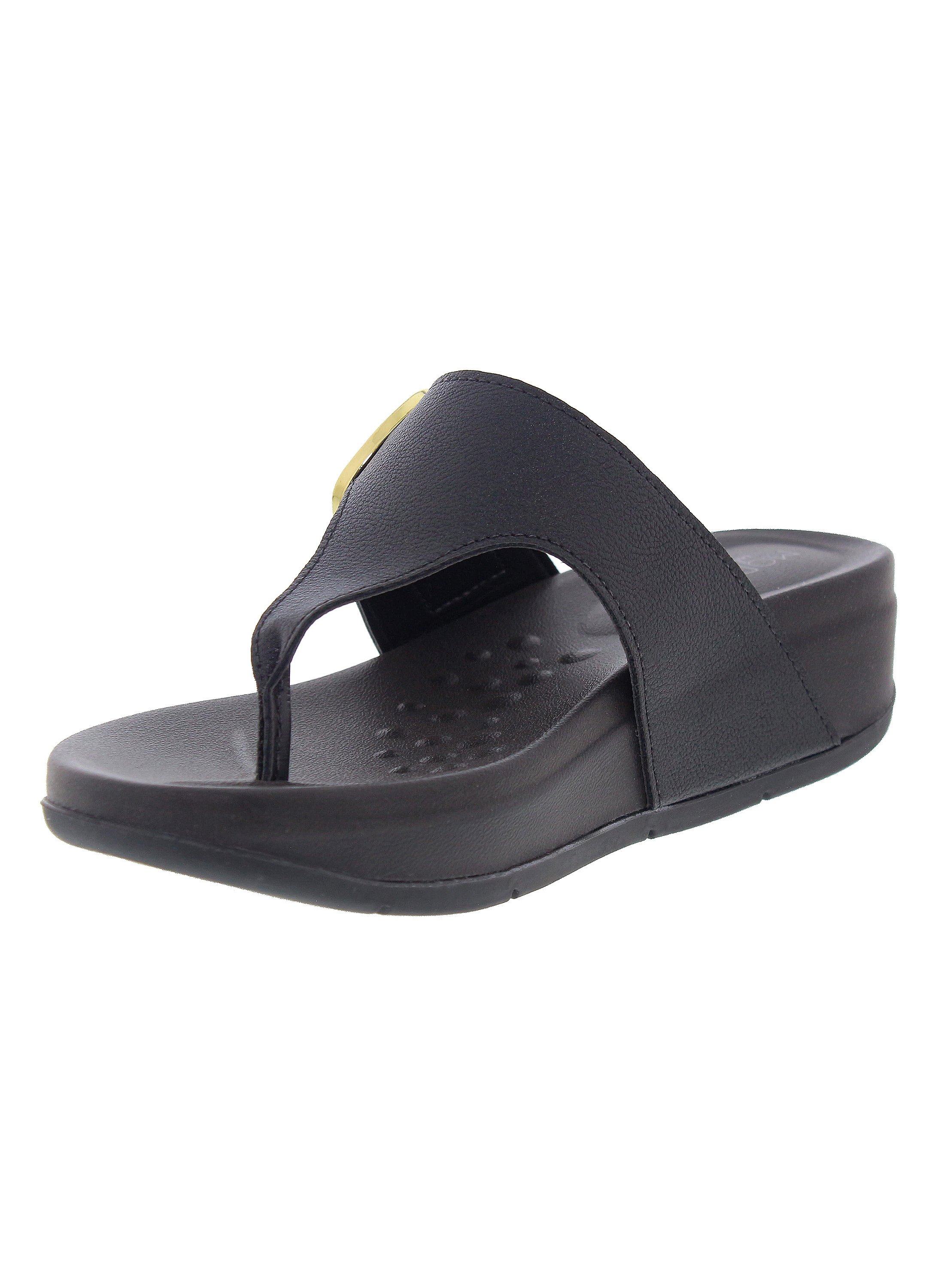 Black Flat Comfort Sandals with Gold Buckle