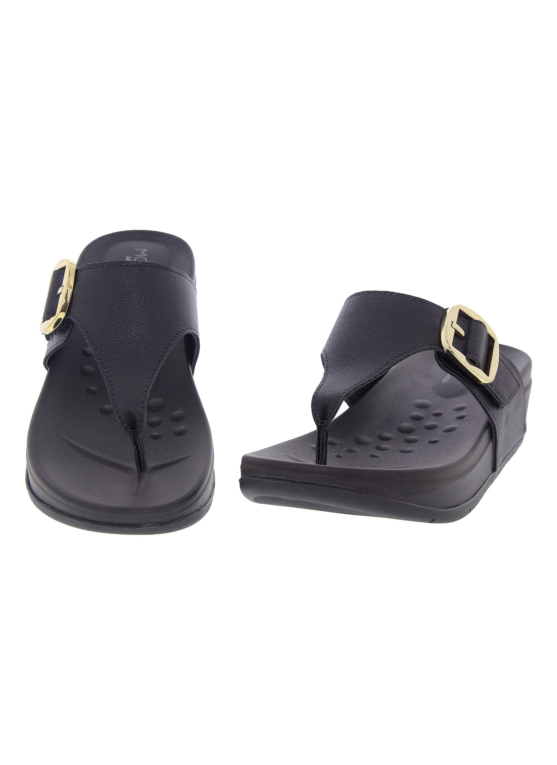 Black Flat Comfort Sandals with Gold Buckle