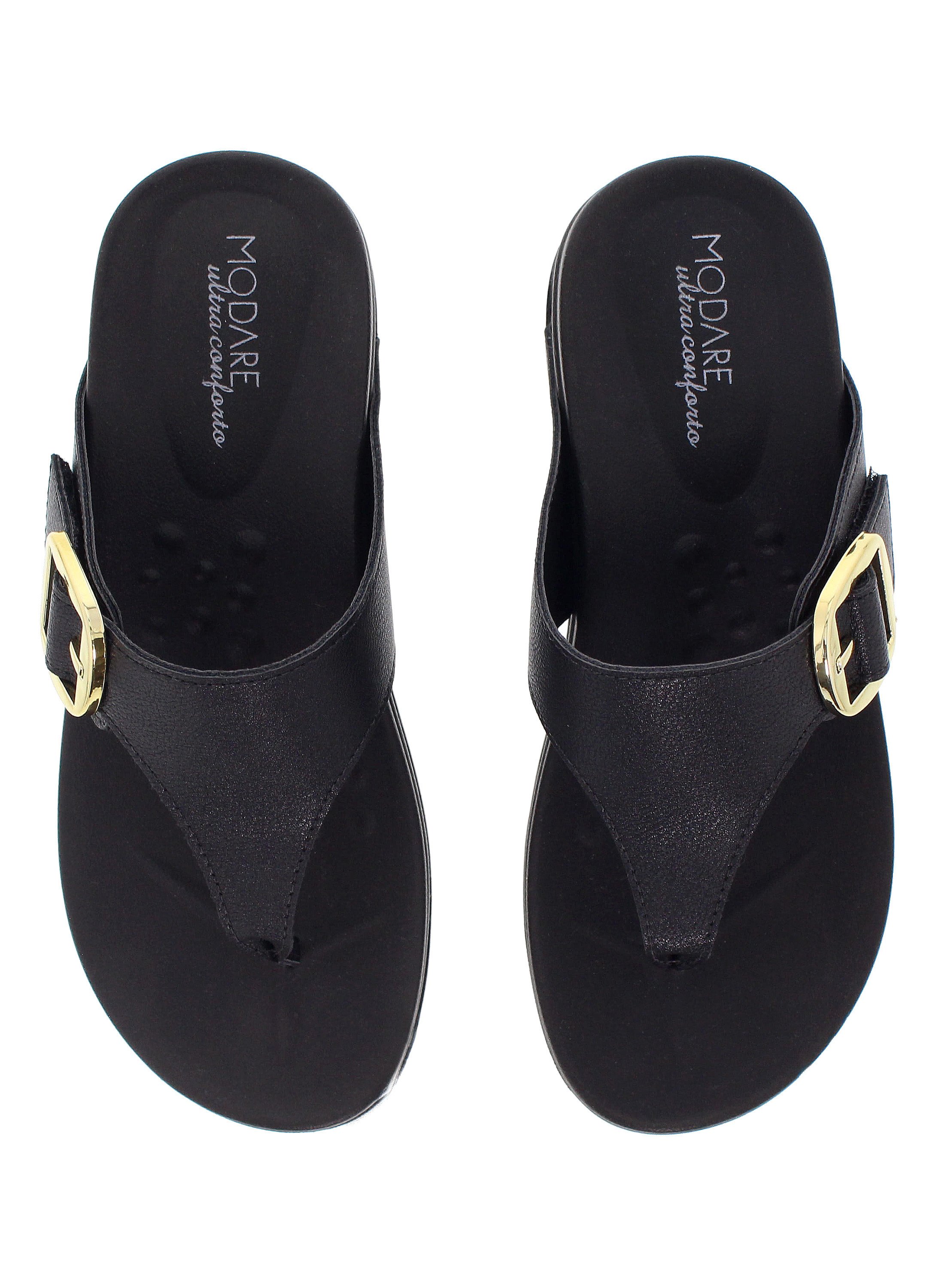 Black Flat Comfort Sandals with Gold Buckle