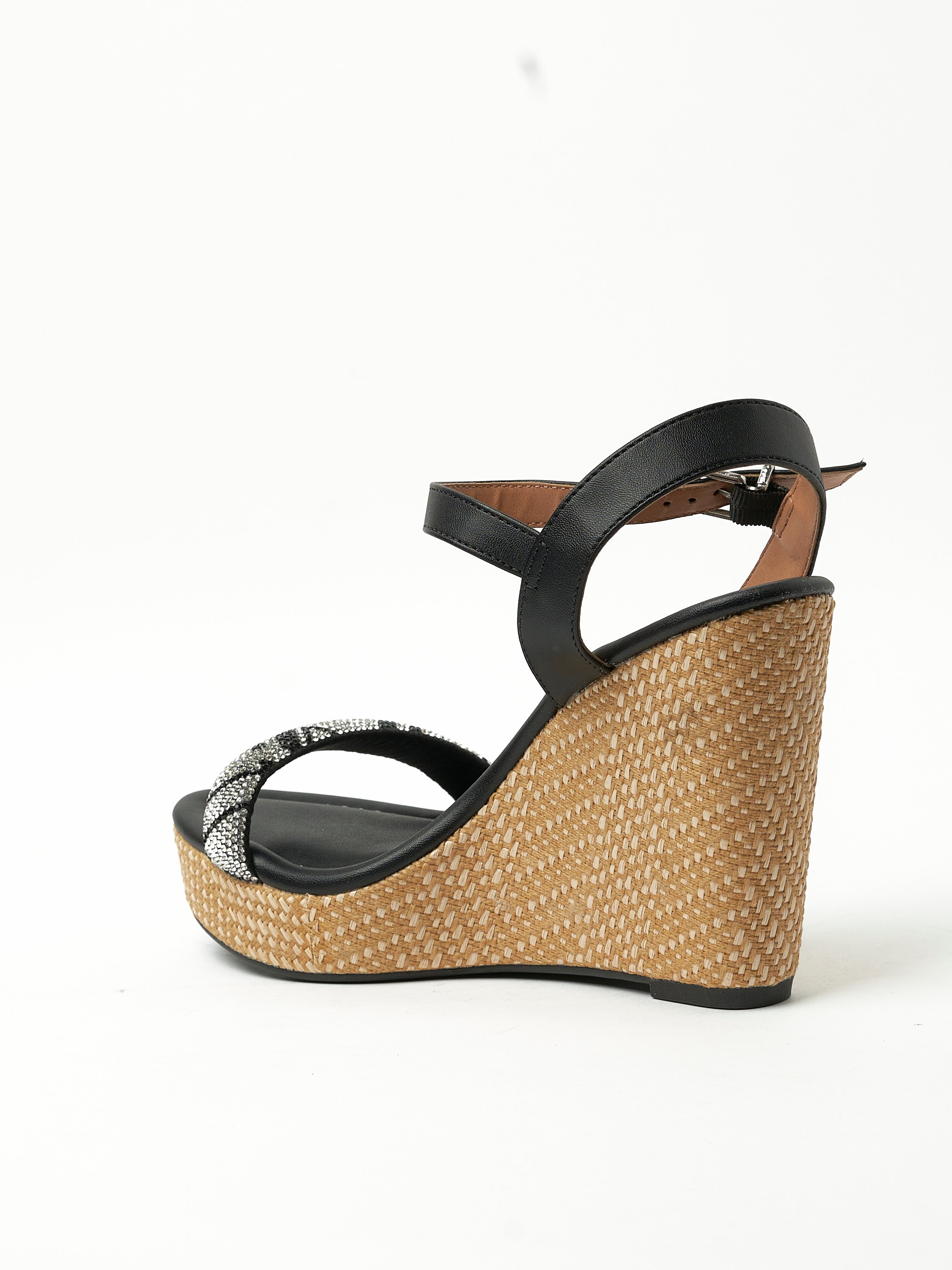 Black Sparkle Strap Wedge Slip-On Sandals