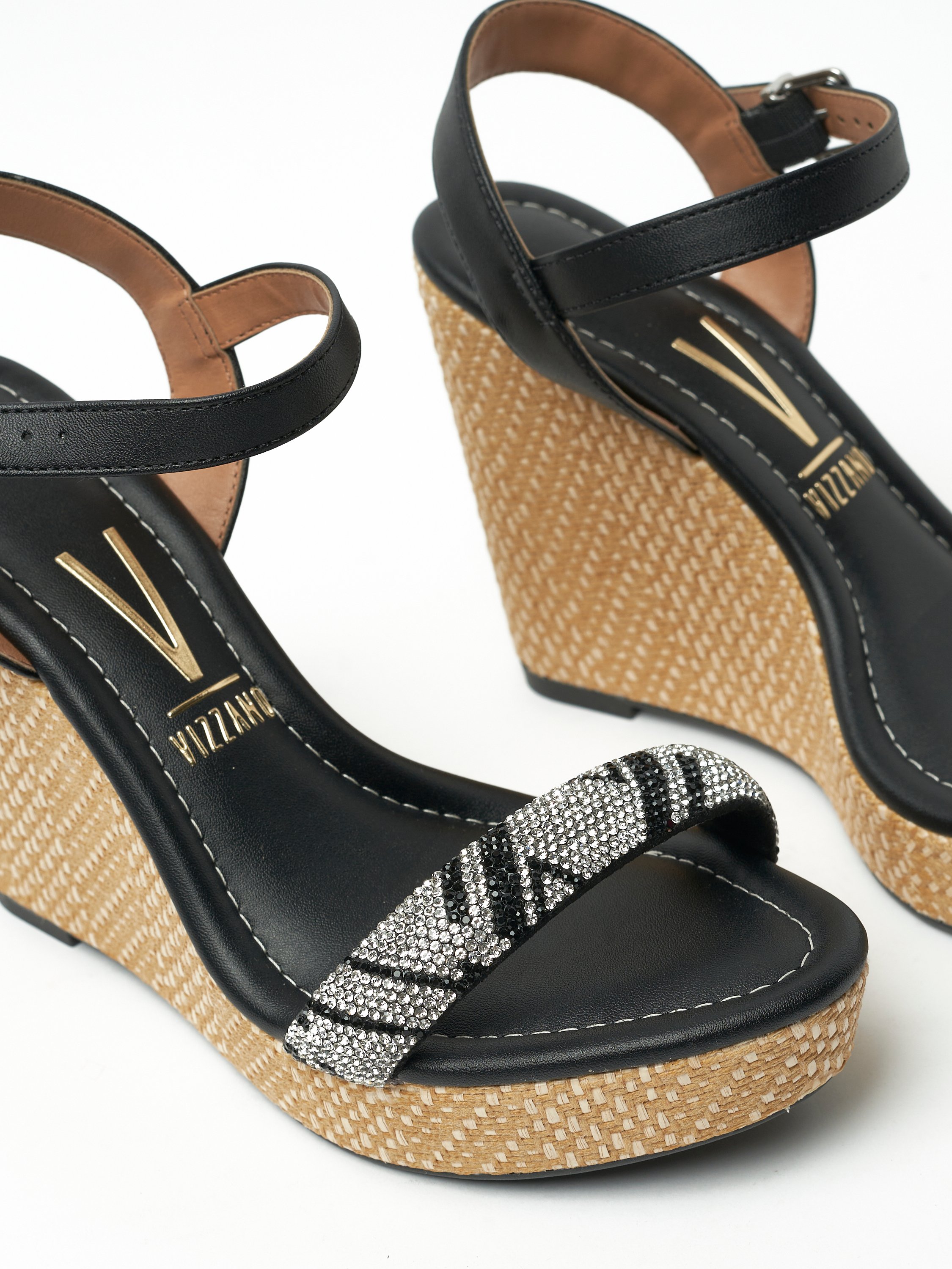 Black Sparkle Strap Wedge Slip-On Sandals