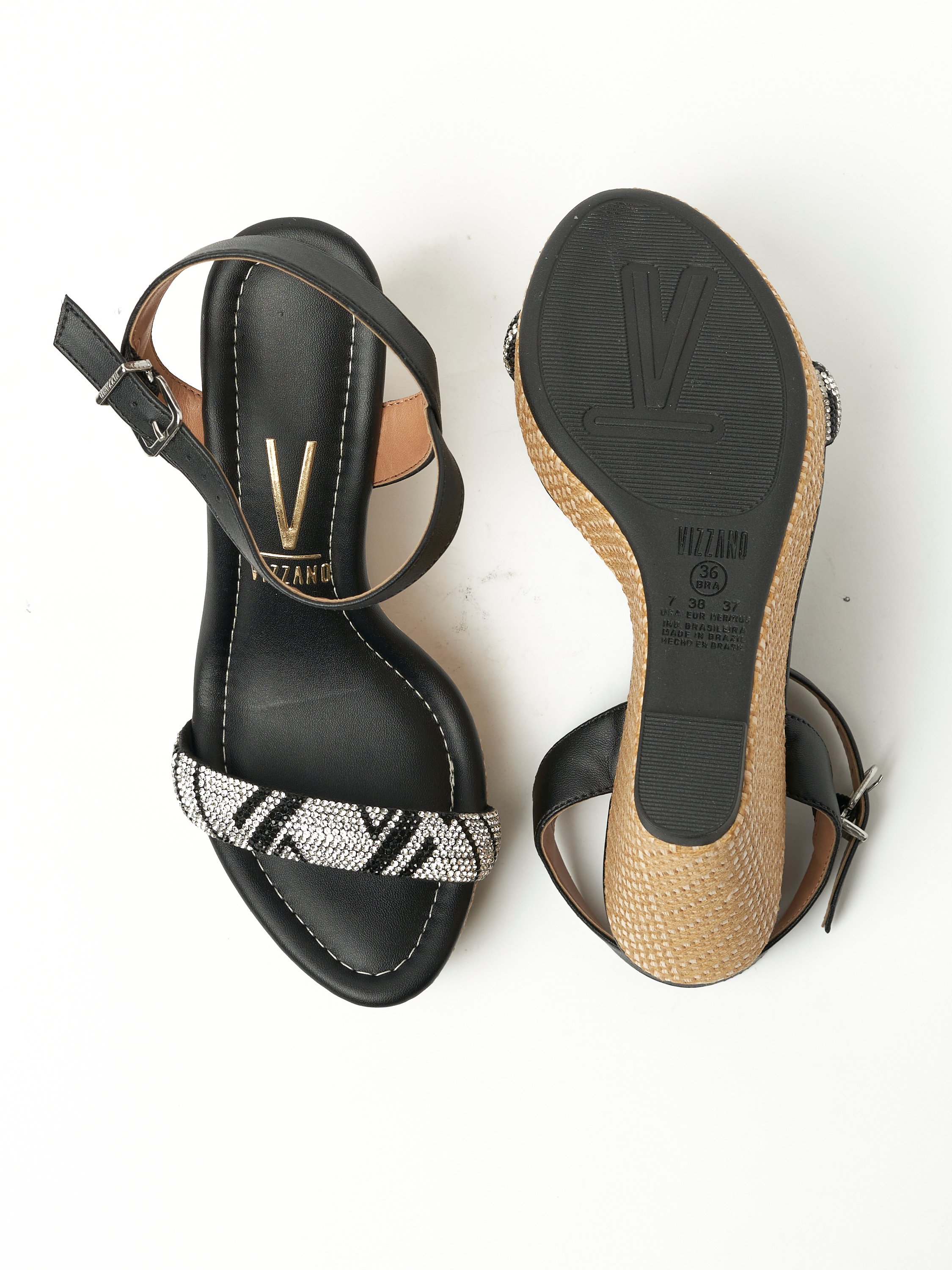 Black Sparkle Strap Wedge Slip-On Sandals