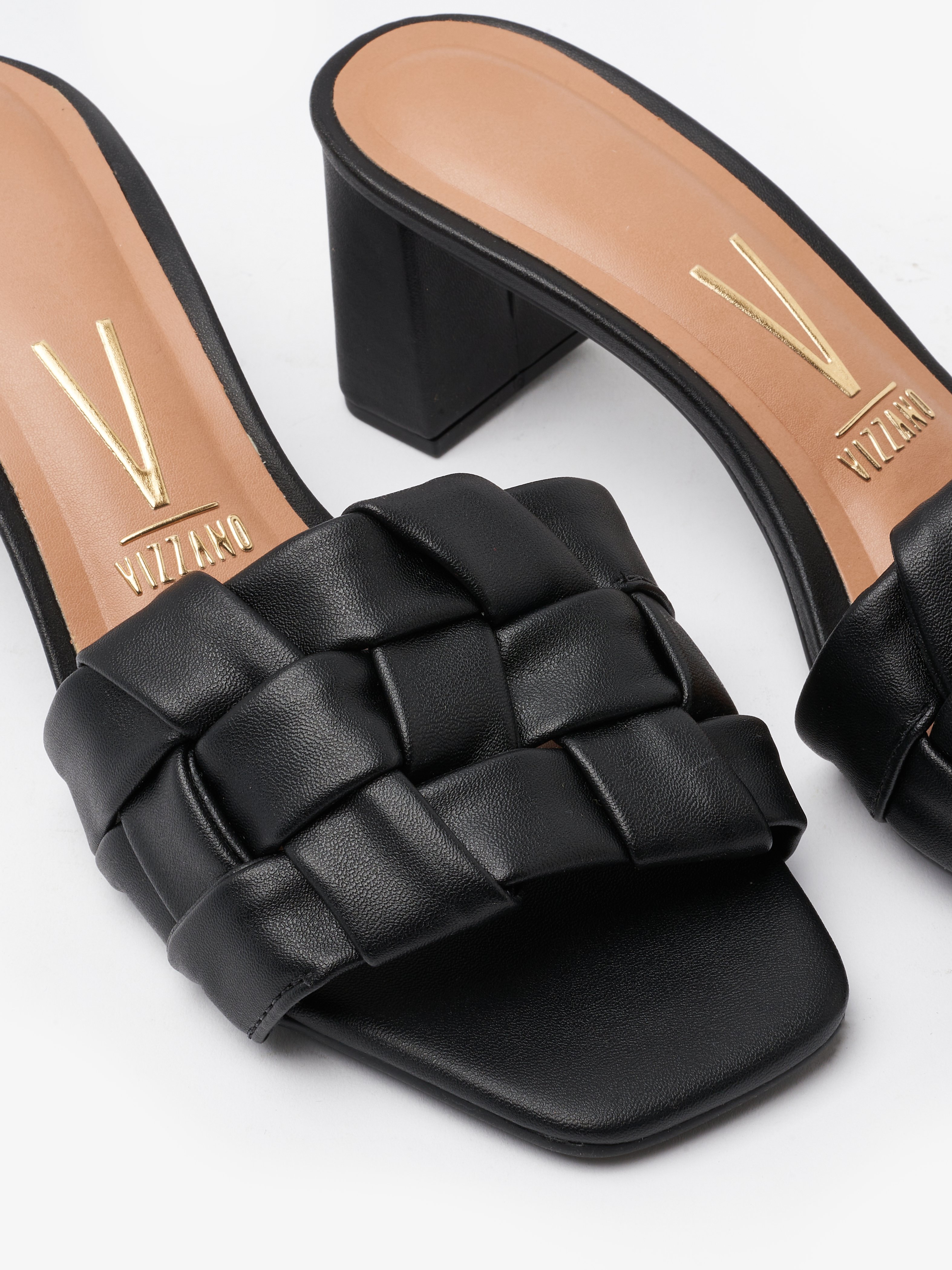 Black Woven Block Heel Sandals
