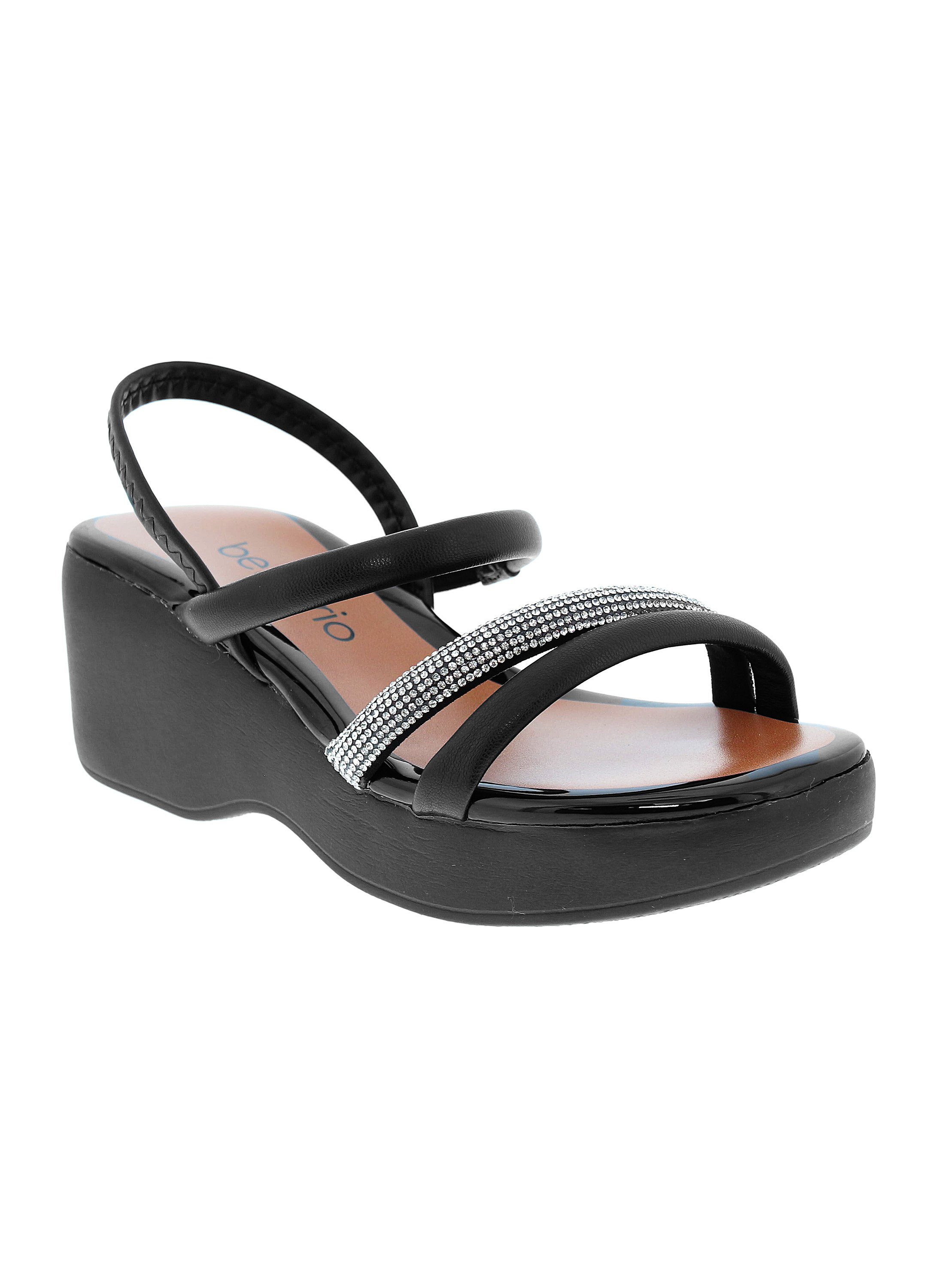 Black Wedge Sandals with Rhinestone Embellishment