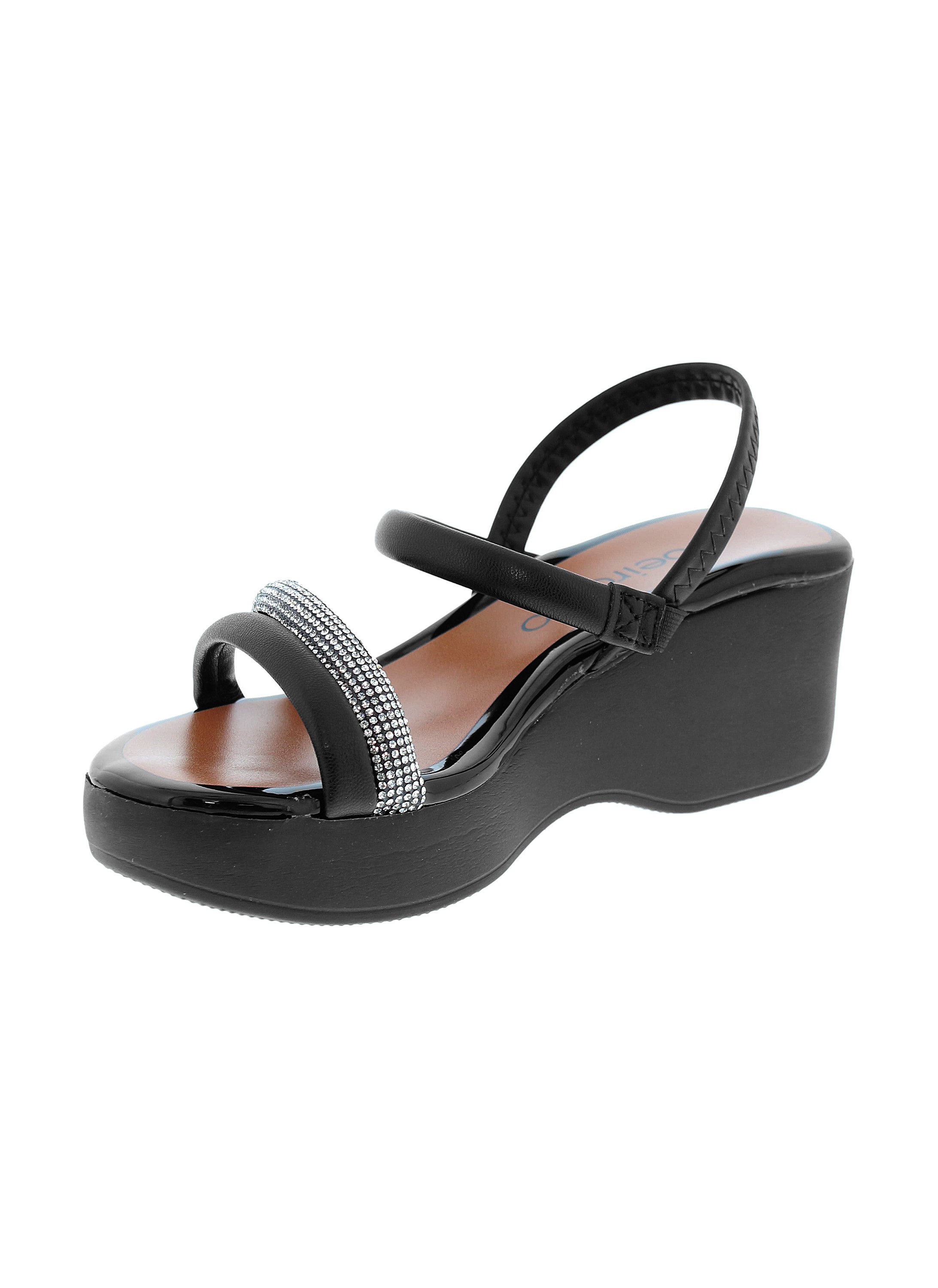 Black Wedge Sandals with Rhinestone Embellishment