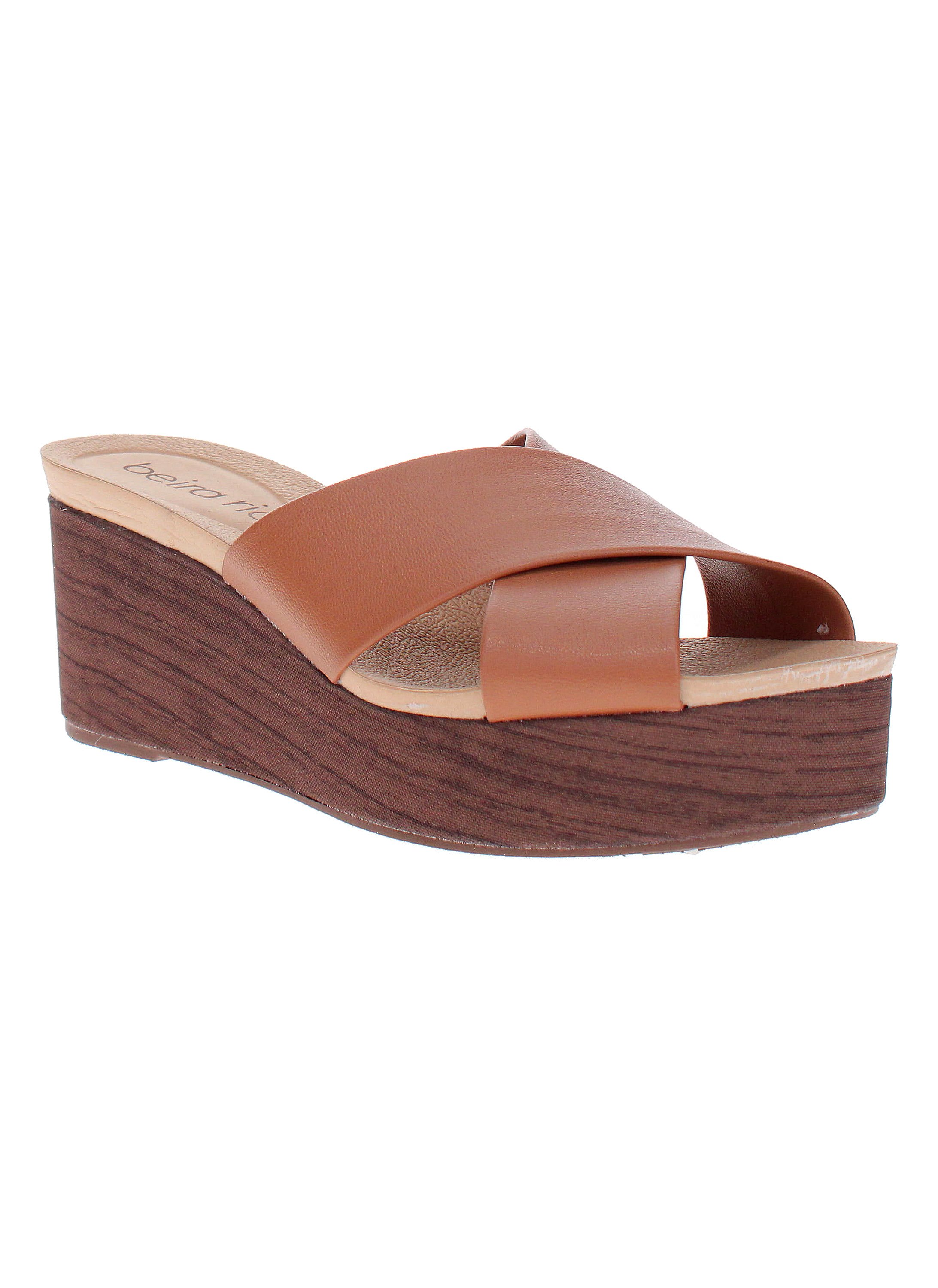 Tan Cross Strap Wedge Sandals