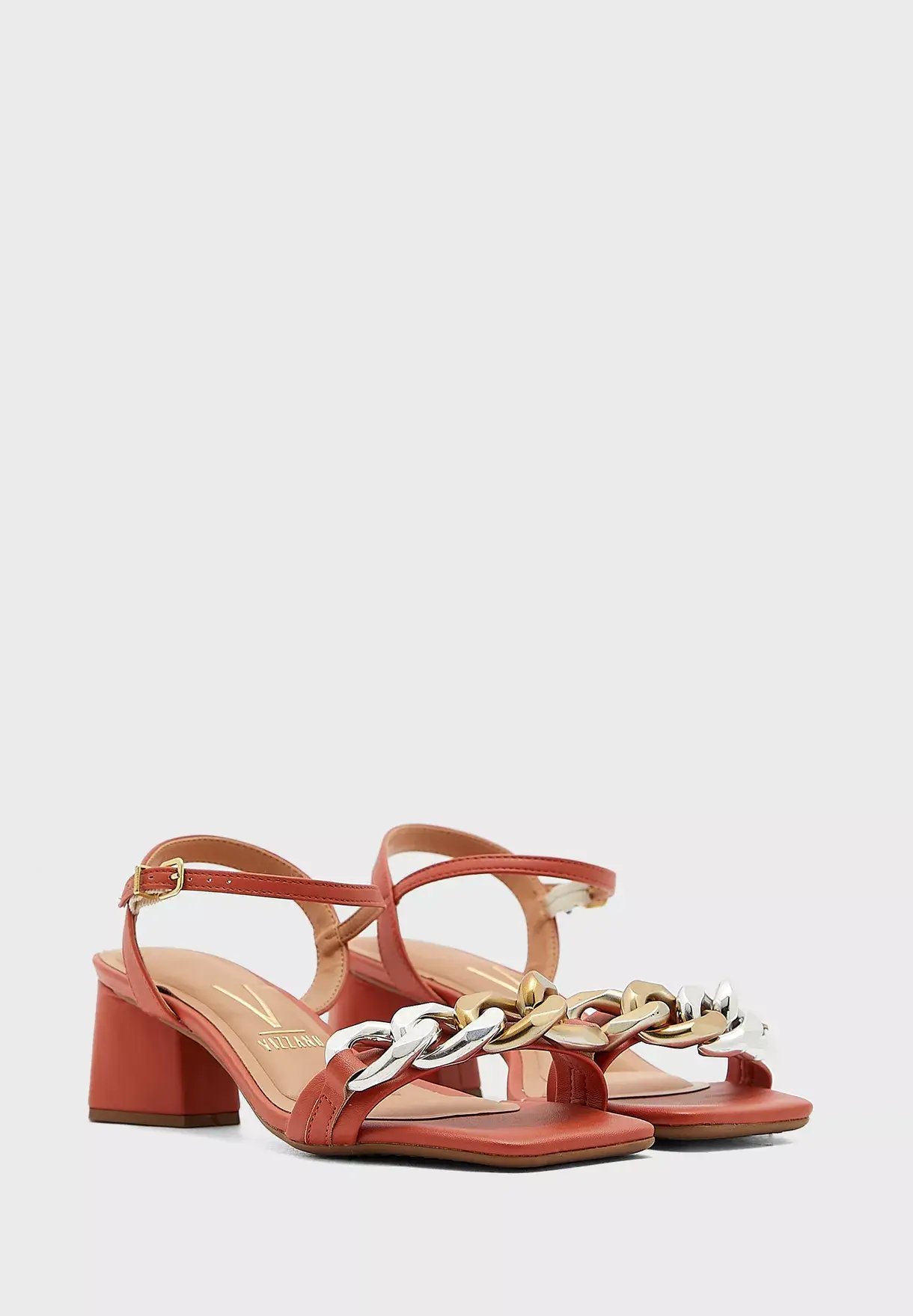 Rust Mid Heel Sandals with Chain Detail for Women