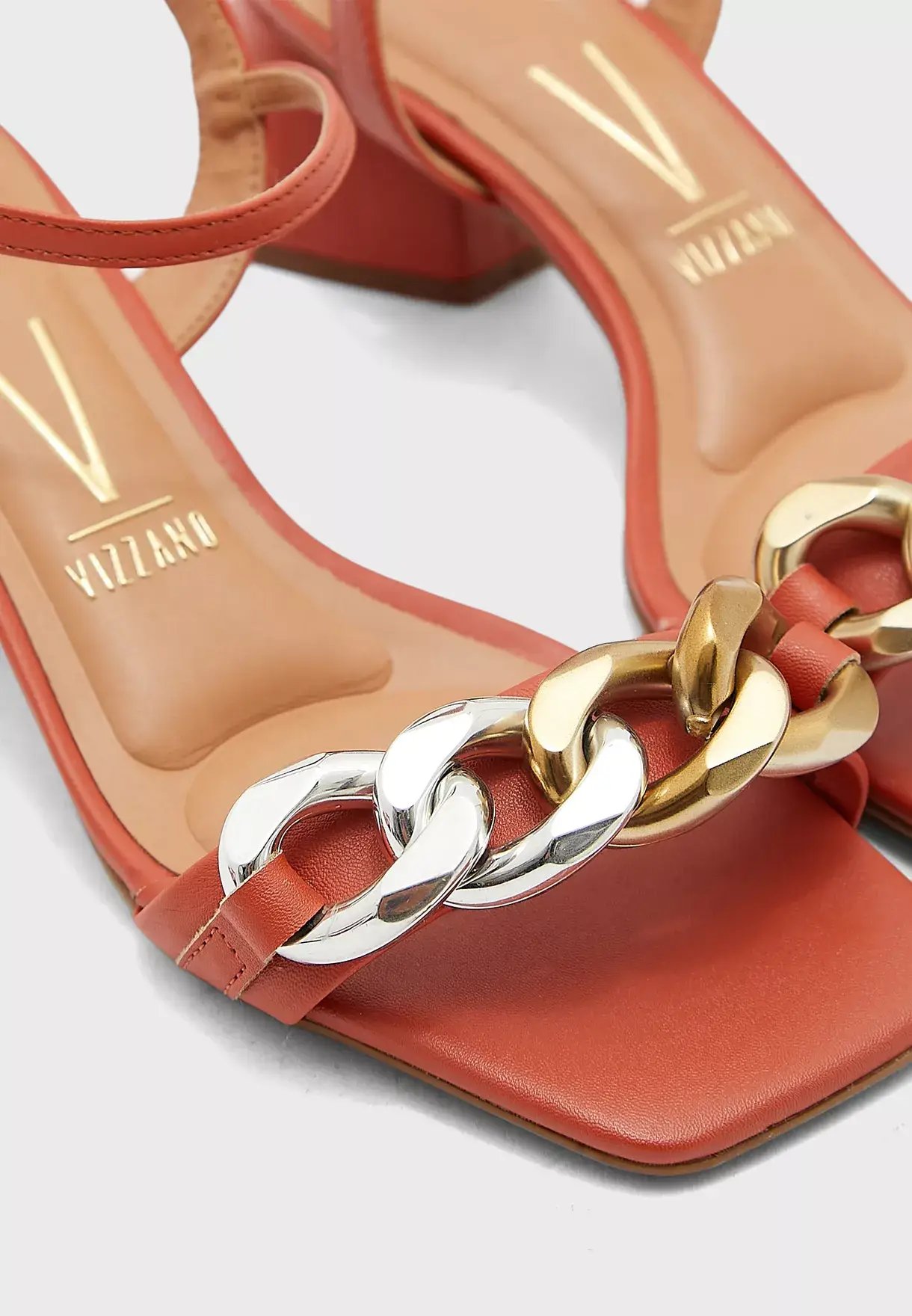 Rust Mid Heel Sandals with Chain Detail for Women