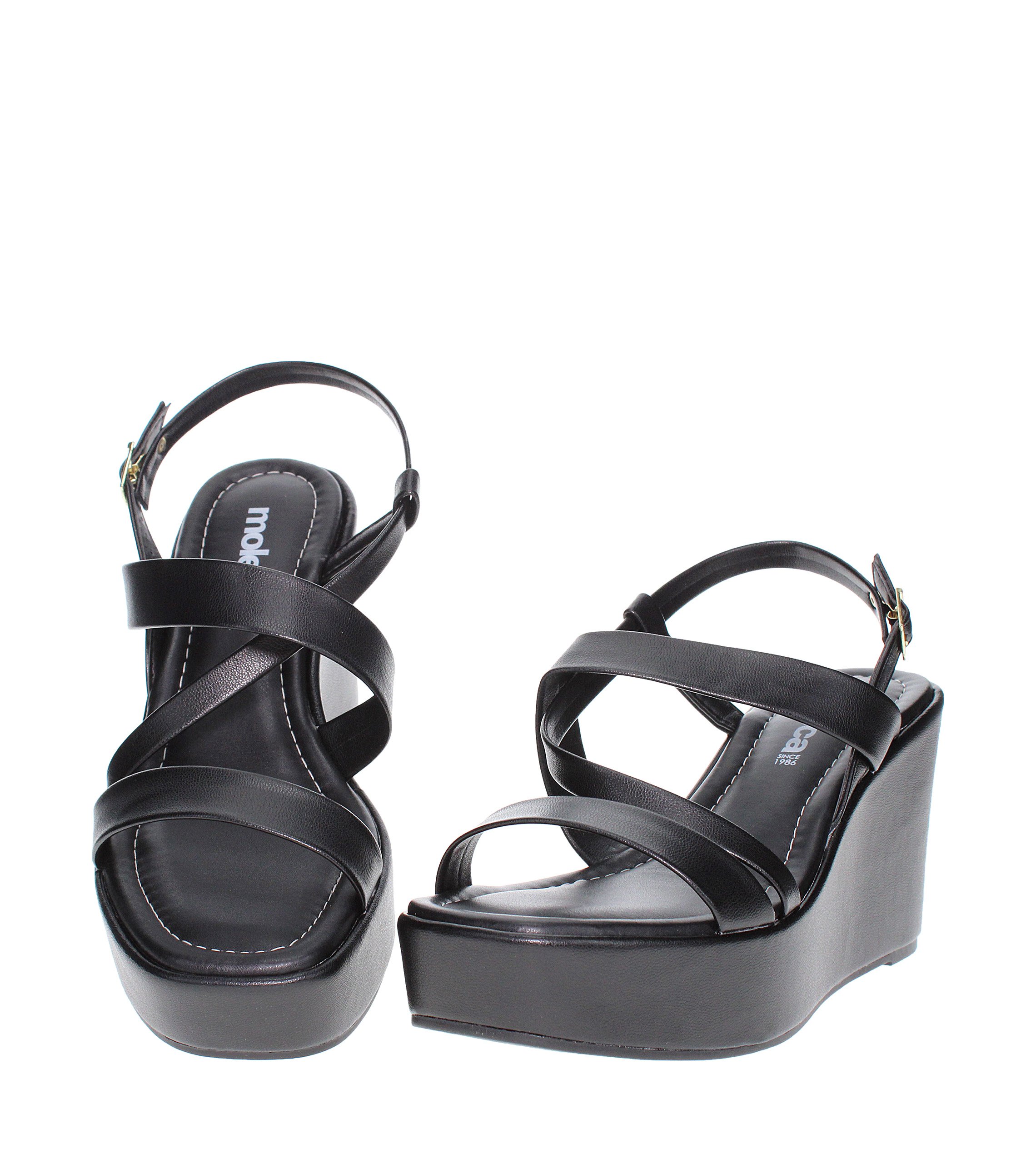 Black Solid Wedge Sandals with Buckle Strap