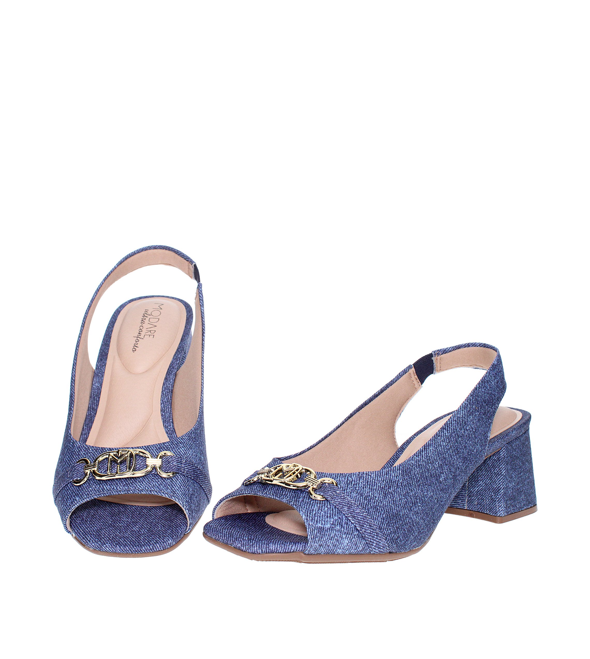 Blue Denim Slingback Mid Heel Sandals