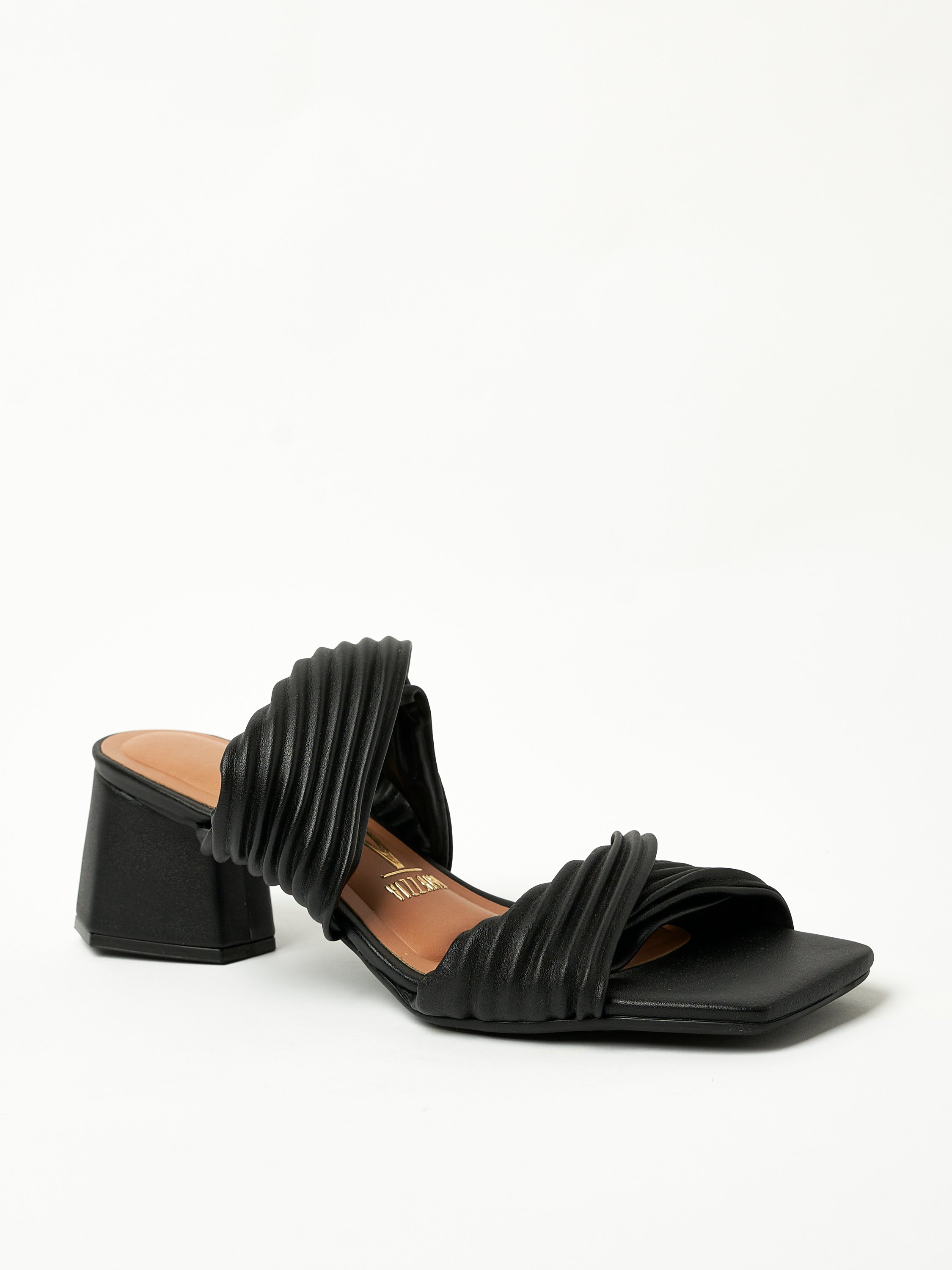 Black Ruched Mid Heel Sandals
