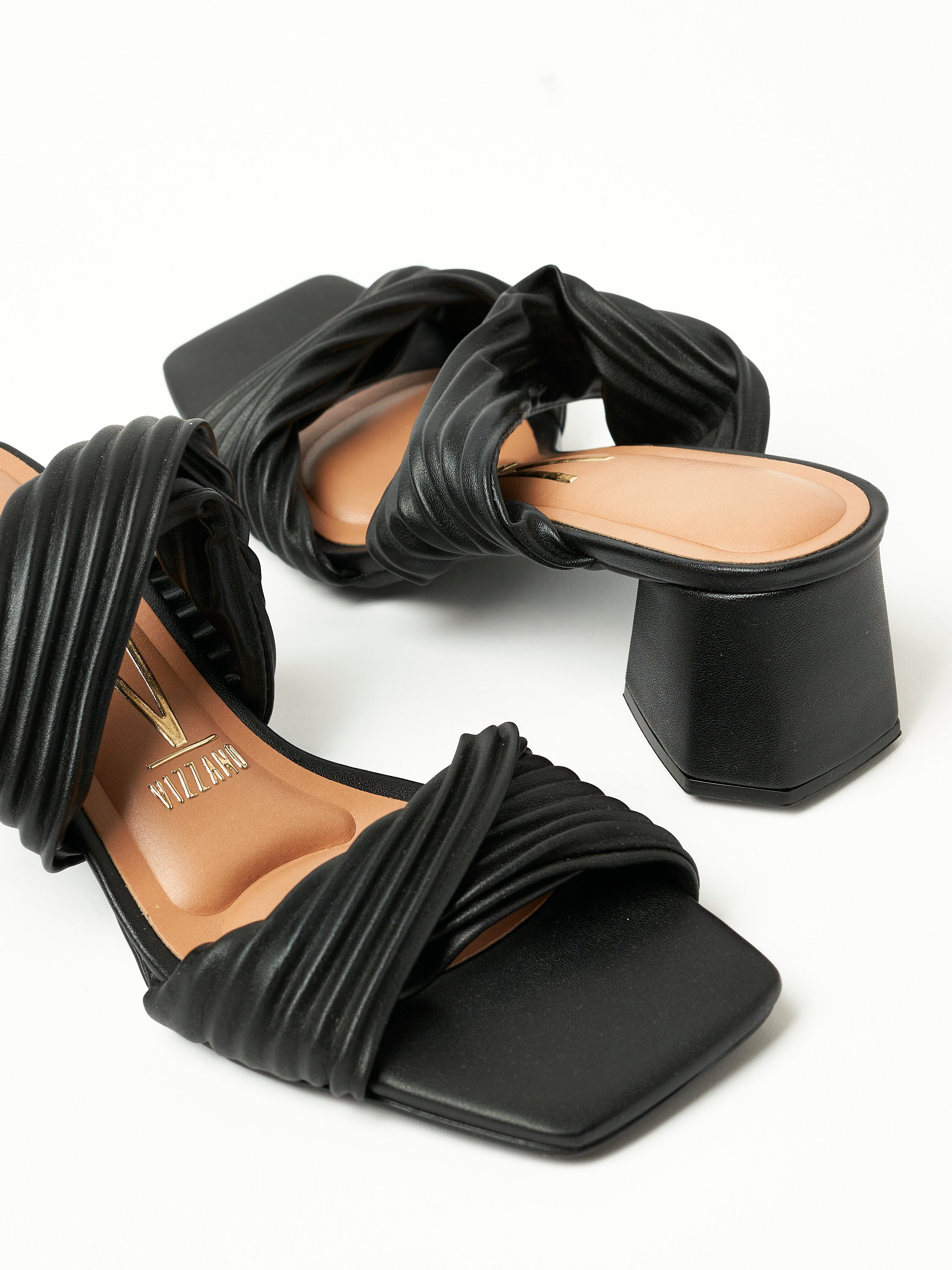 Black Ruched Mid Heel Sandals