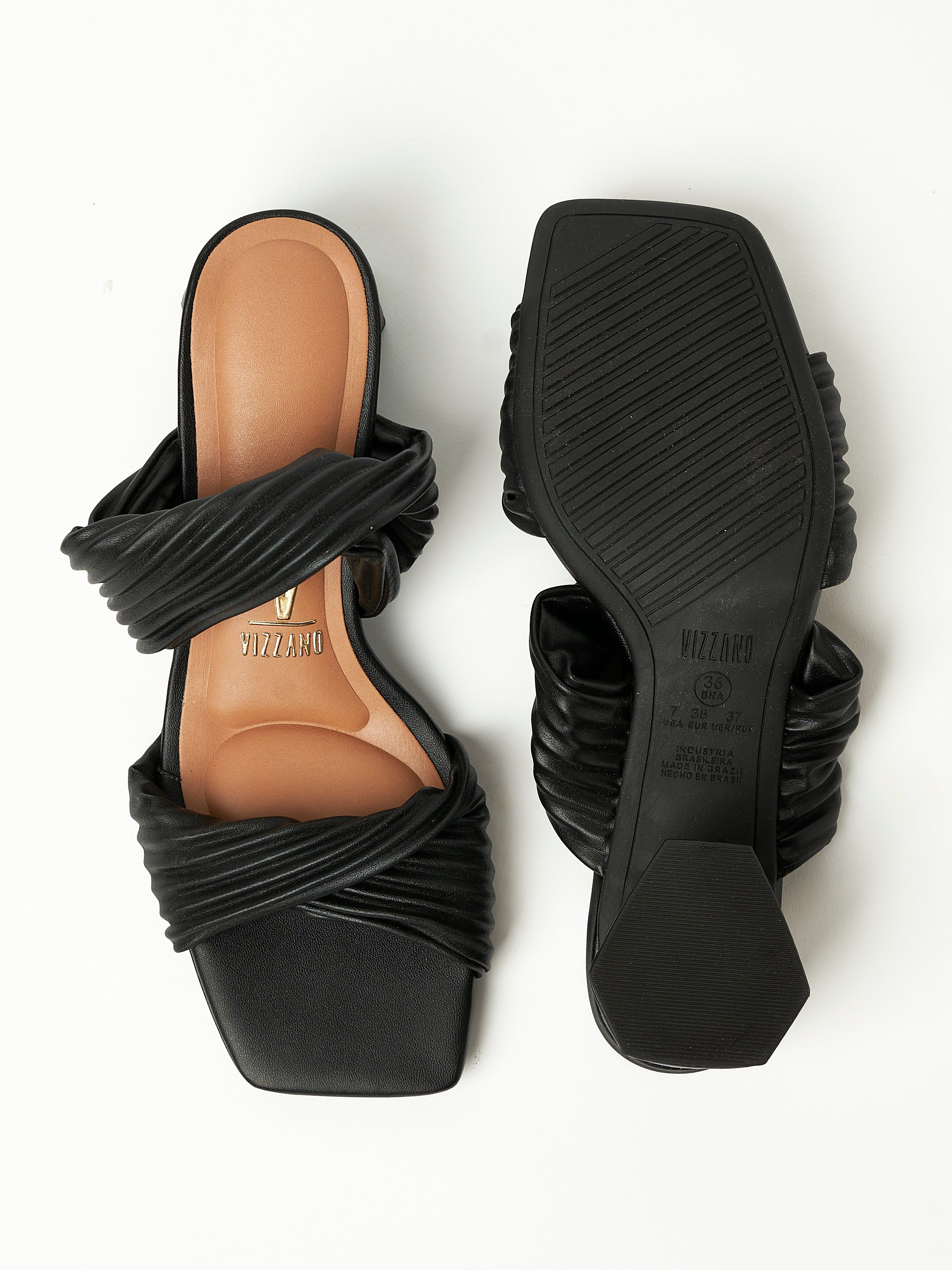 Black Ruched Mid Heel Sandals